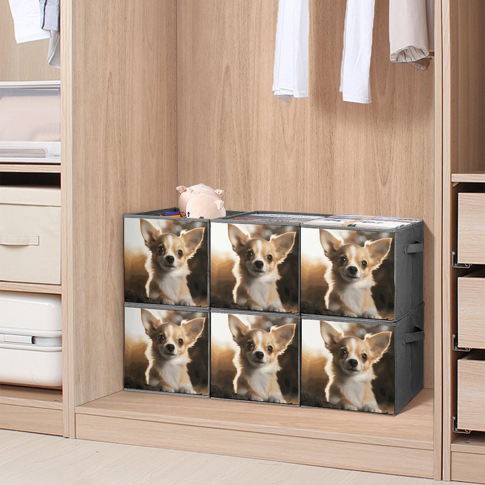 6-Piece Collapsible Storage Bins with Handles - Cute Chihuahua Printed Foldable Organizing Baskets for Shelves, Closet, Bathroom & Home Organization - Space Saving Storage Containers for Toys, Laundry & Household Items