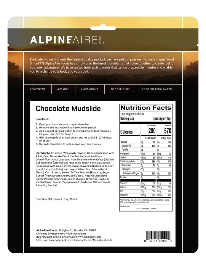AlpineAire Chocolate Mudslide Freeze-Dried Dessert - Rich Chocolate Flavor, Lightweight & Easy to Prepare - Perfect for Camping, Hiking, Backpacking & Emergency Food Storage