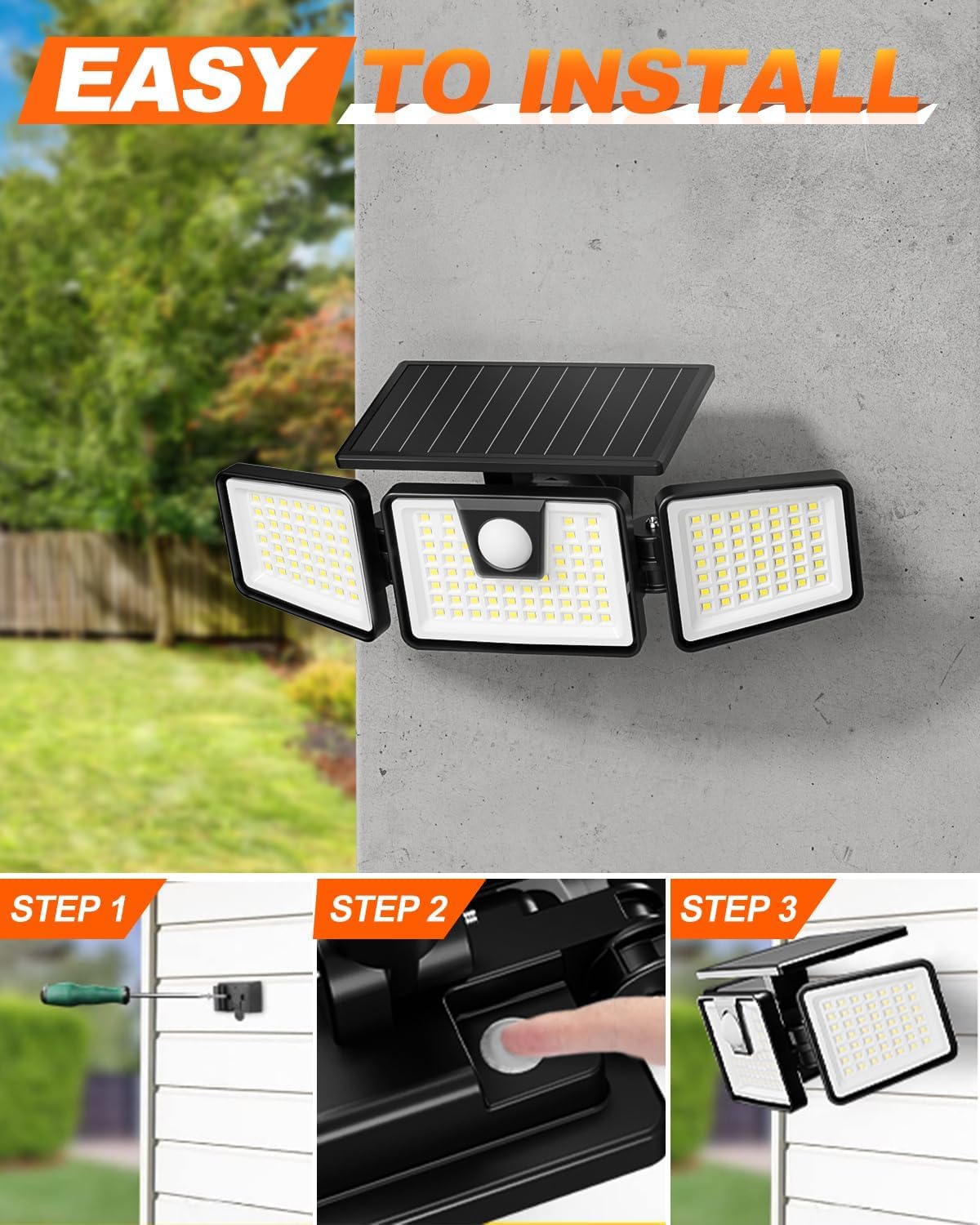 INCX Solar Outdoor Lights with Motion Sensor - 3 Head 156 LED Solar Powered Security Flood Lights for Patio, Garage, Yard & Entryways - IP65 Waterproof (2 Pack) - Ideal for Home Security & Landscape Lighting