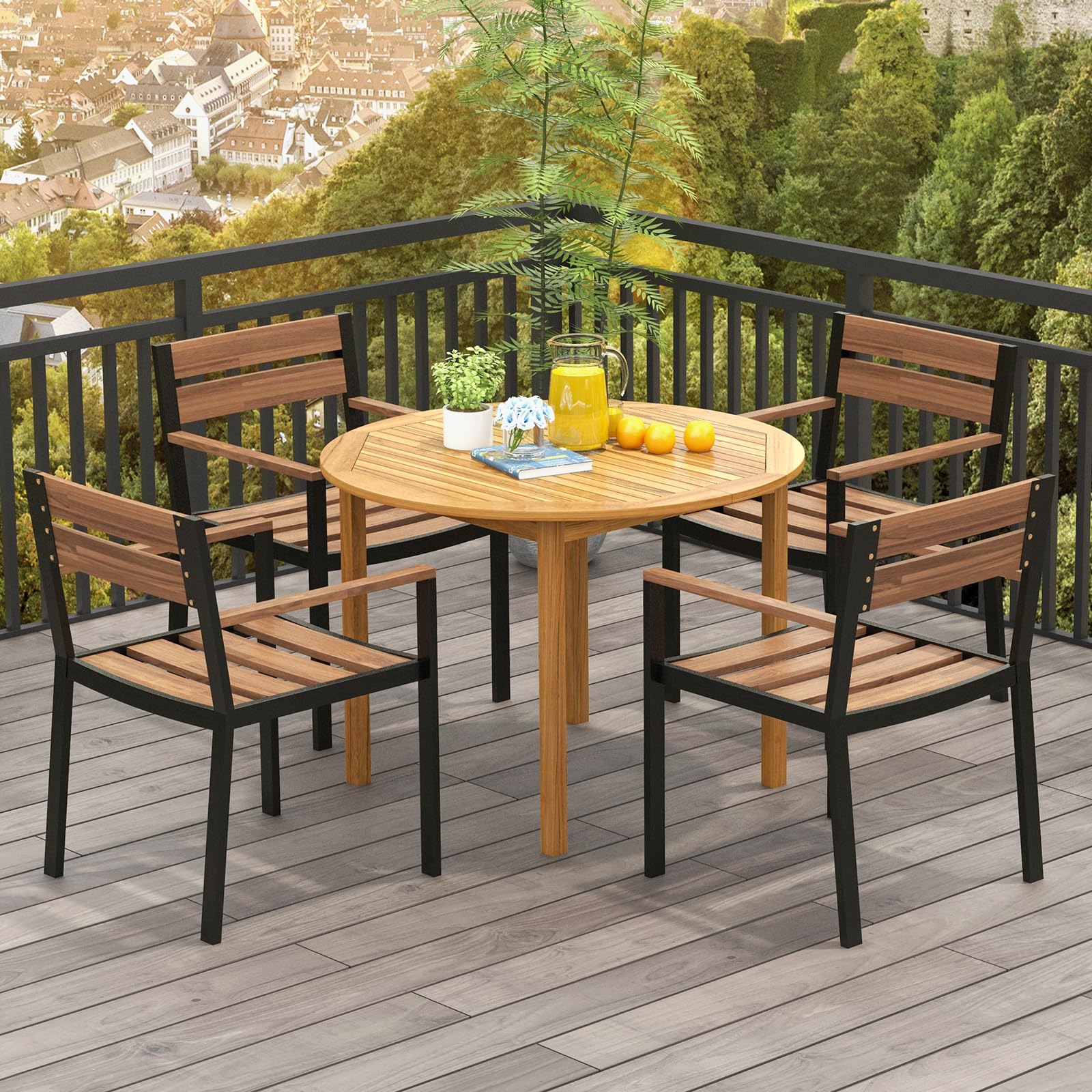 Tangkula 48-Inch Round Outdoor Dining Table - Acacia Wood Farmhouse Style 4-Person Patio Table - Weather-Resistant for Yard, Deck, Garden & Indoor Dining Room - Perfect for Al Fresco Meals & Backyard Entertaining