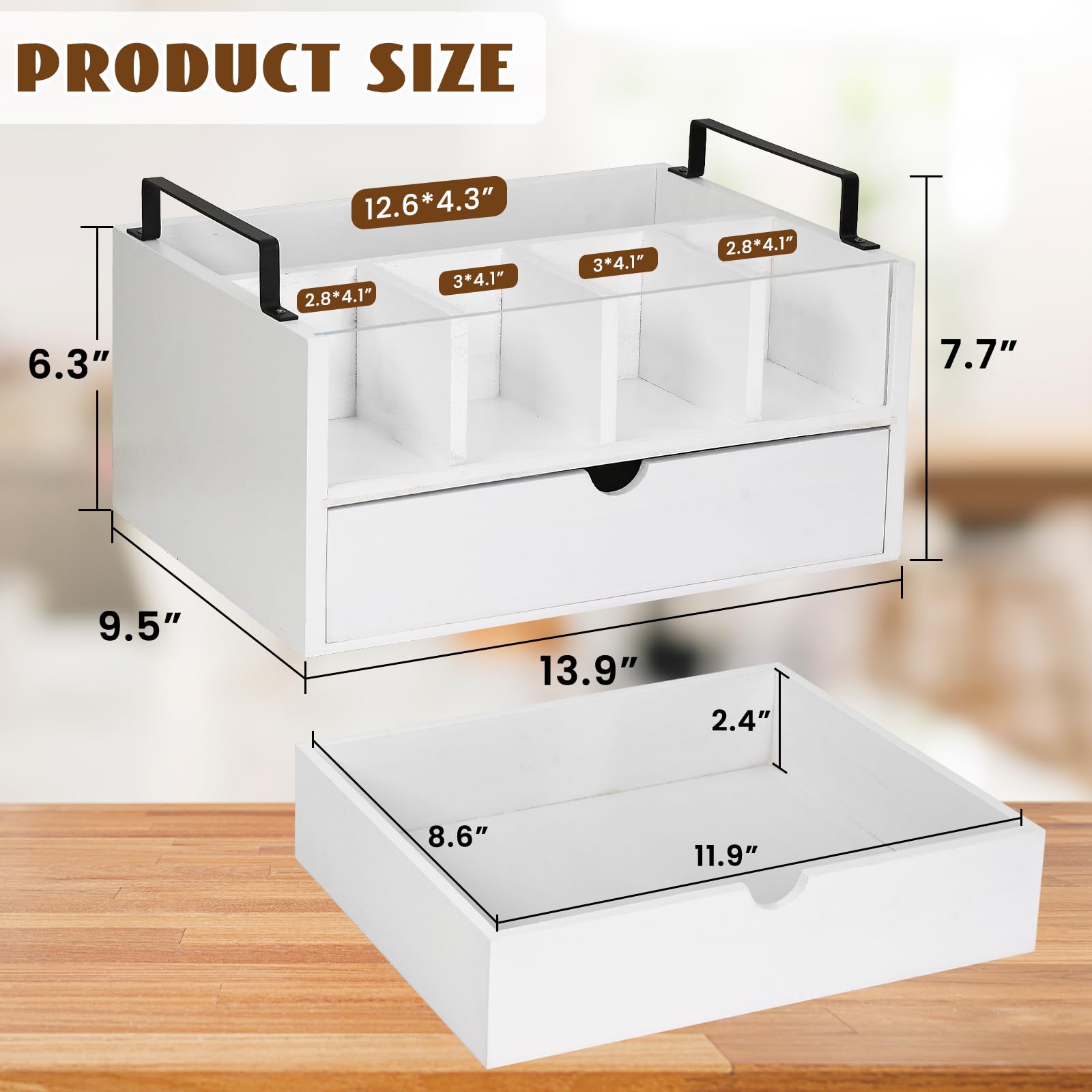 Rustic Wood Coffee Bar Organizer with Drawer - K Cup & Coffee Pods Holder with Handle - Countertop Coffee Station Accessories for Condiments & Decor - Perfect for Home, Office, or Cafe Use