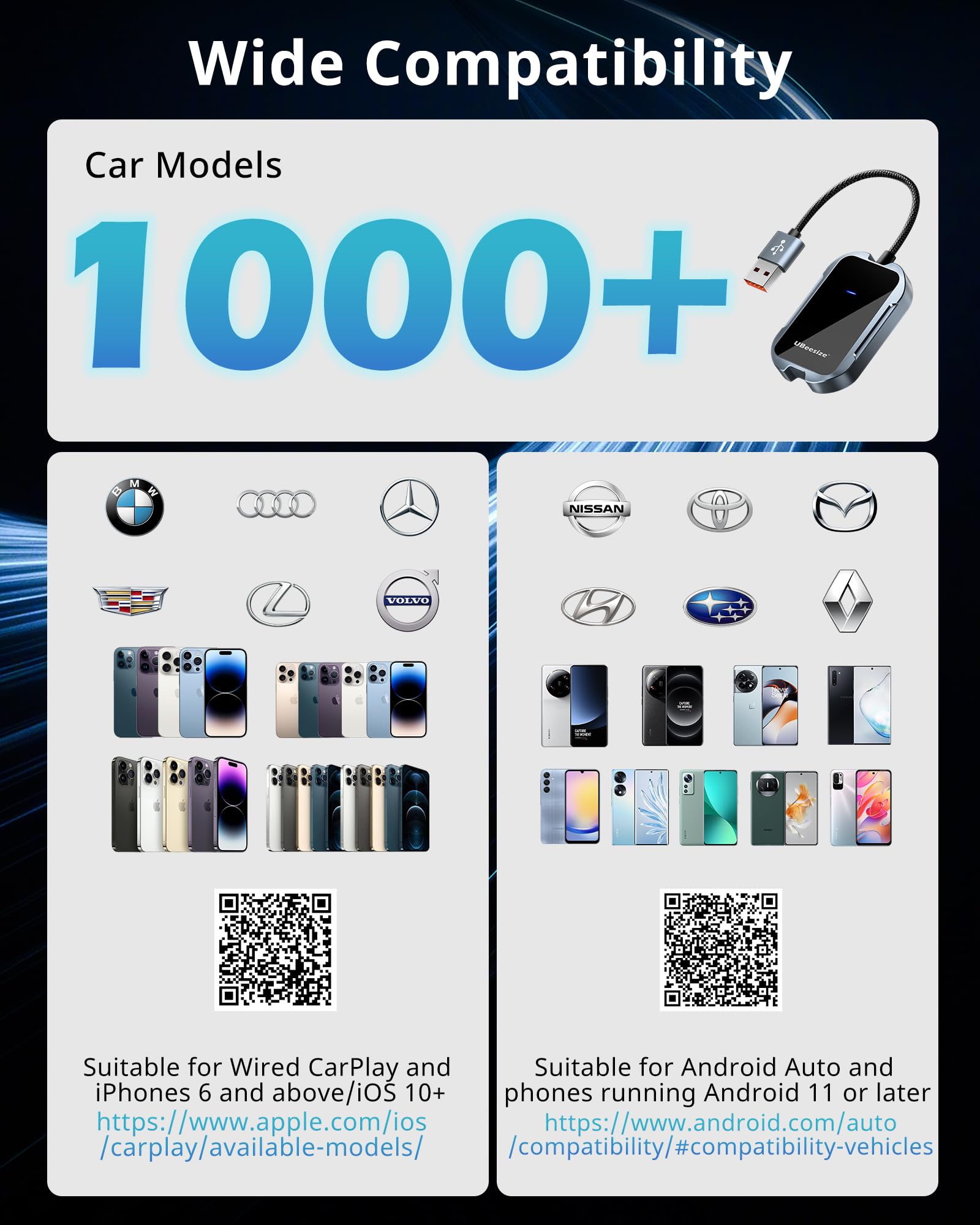 UBeesize Wireless CarPlay Adapter (2025) - Seamless Wireless Upgrade for 2017+ Cars | iPhone & Android Compatible | Plug & Play for Hands-Free Driving & Music Streaming