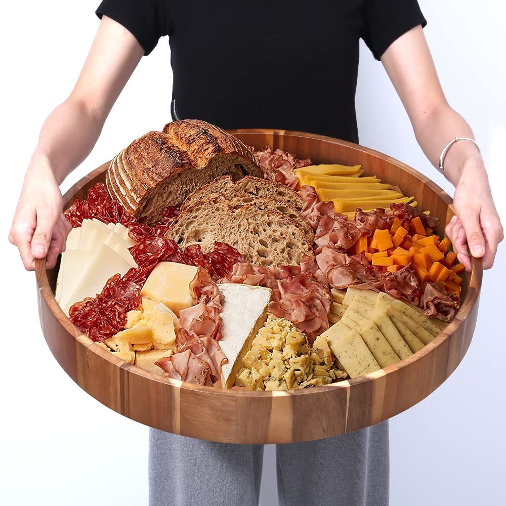 Round Wooden Serving Tray with Handles - 20