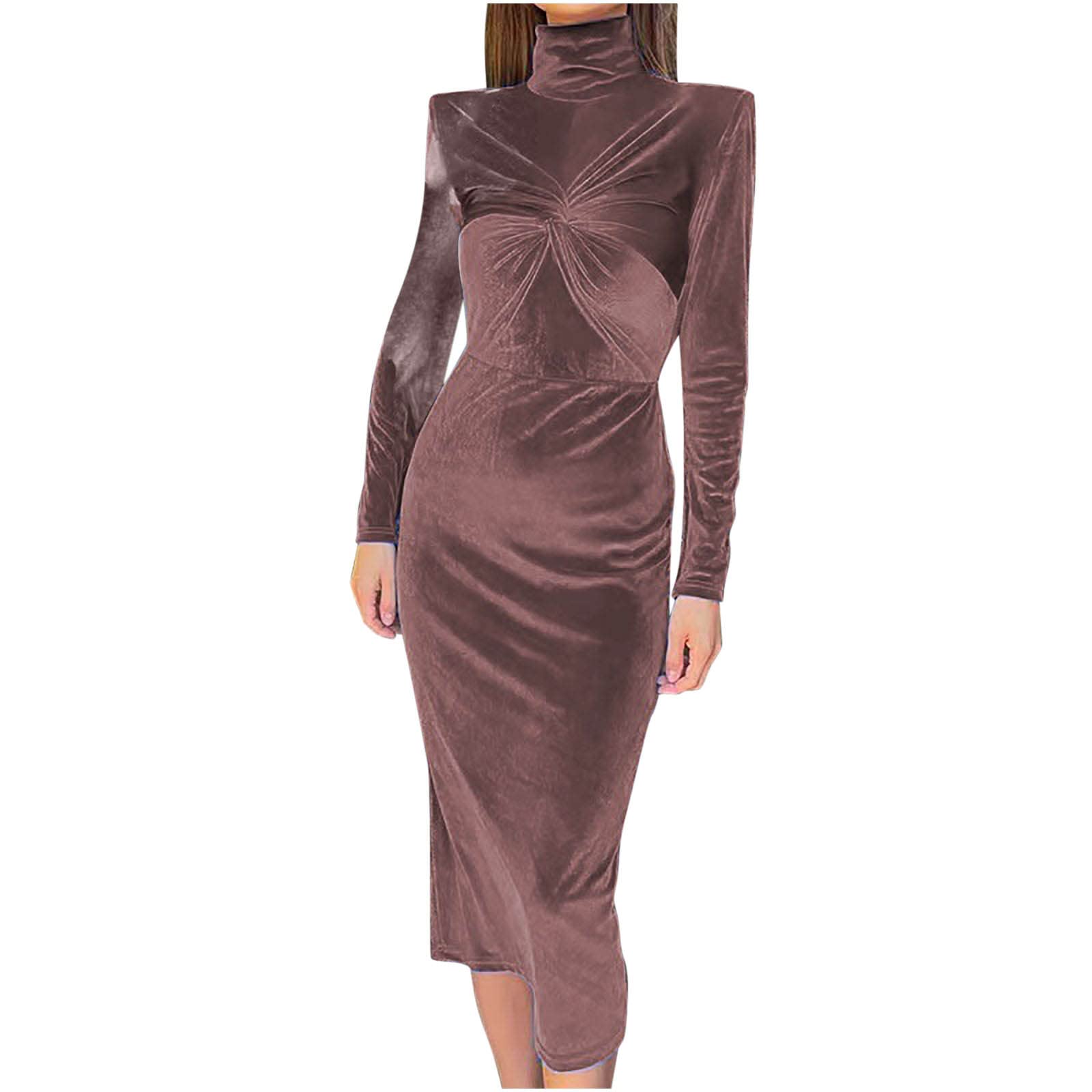 bmkBWO Women's Long Sleeve Velvet Dress - High Neck Crisscross Midi Dress, Slim Fit Solid Color Formal Gown for Wedding Guest, Party, Holiday & Special Occasions