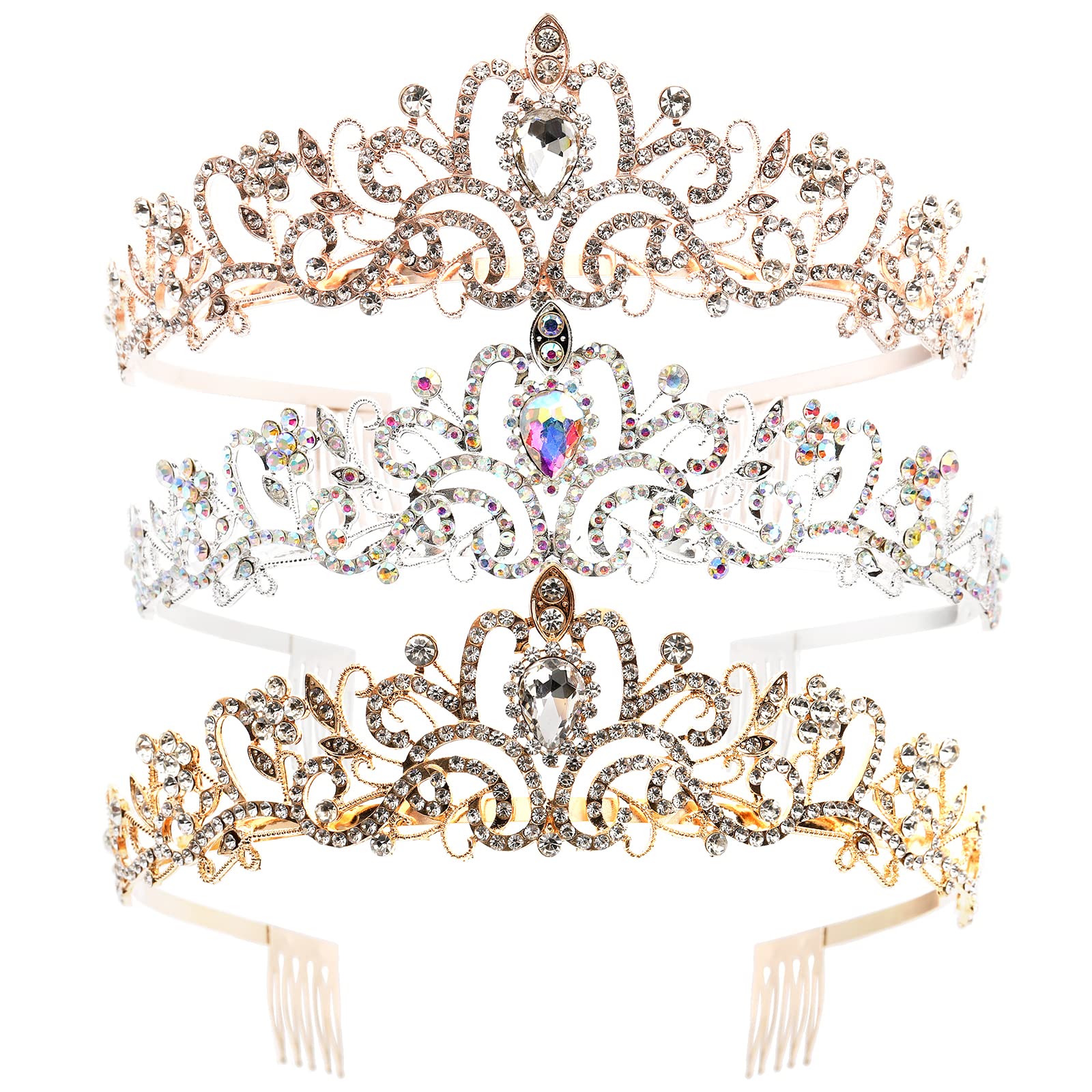 YOPAY 3-Piece Crystal Tiara Crown Set - Gold Queen Bridal Crown for Women & Girls, Princess Headband with Comb - Perfect for Birthday, Wedding, Prom, Pageant, Christmas & Halloween Parties | Cake Topper & Photo Prop for Special Occasions