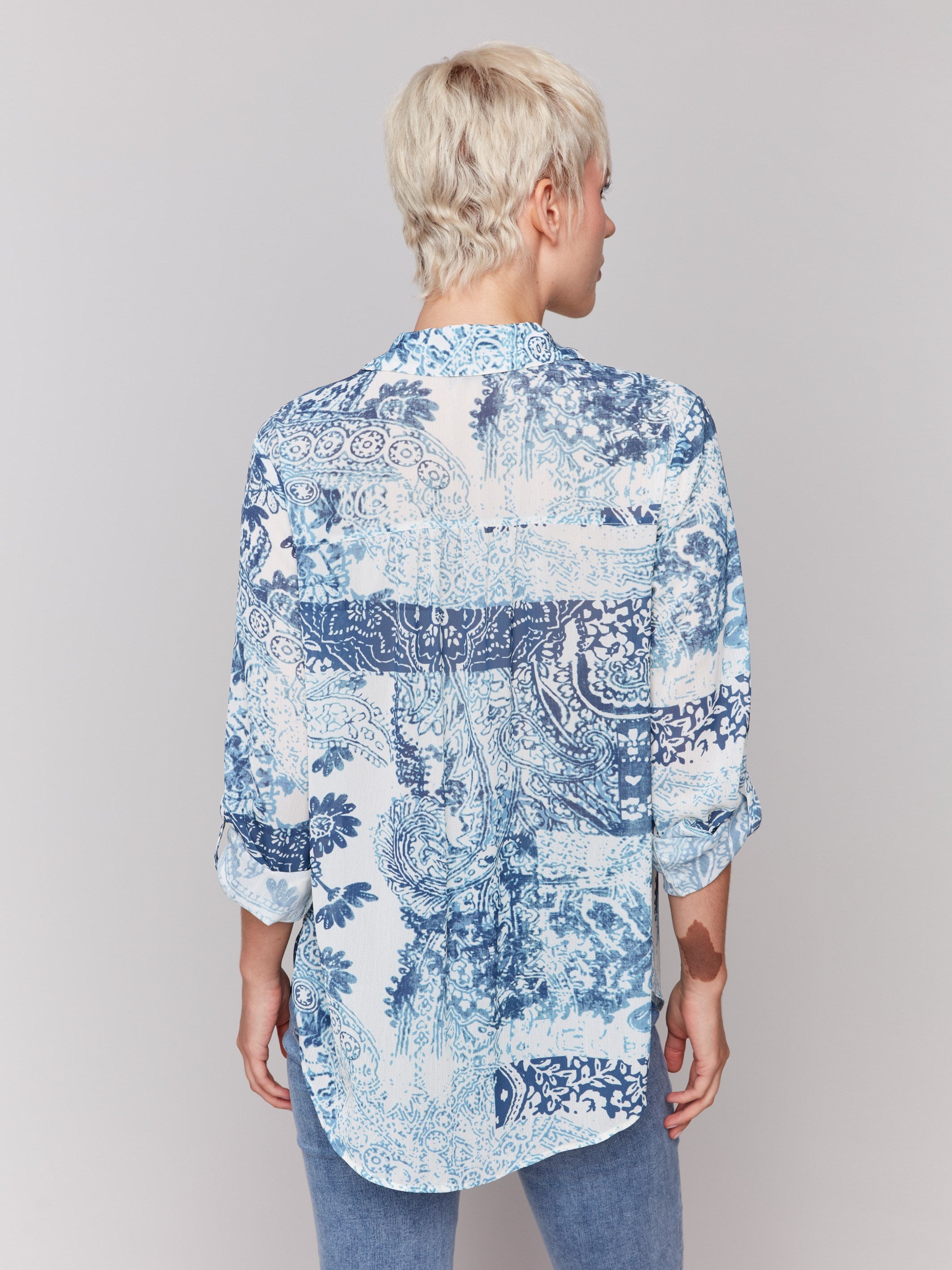 Stylish Printed Crinkle Button Front Blouse with Scarf - Perfect for Office Wear & Casual Outings