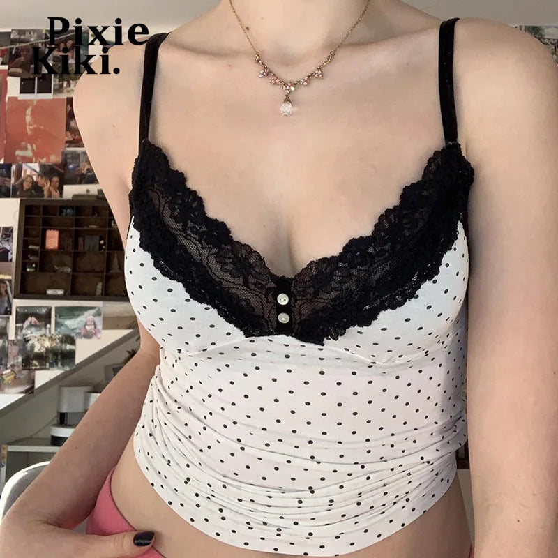 Black and White Polka Dot Print Tank Top for Women - Y2K Vintage Style Lace Trim Deep V Backless Crop Top | Perfect for Summer Outfits, Beachwear & Casual Fashion | P67 AH10