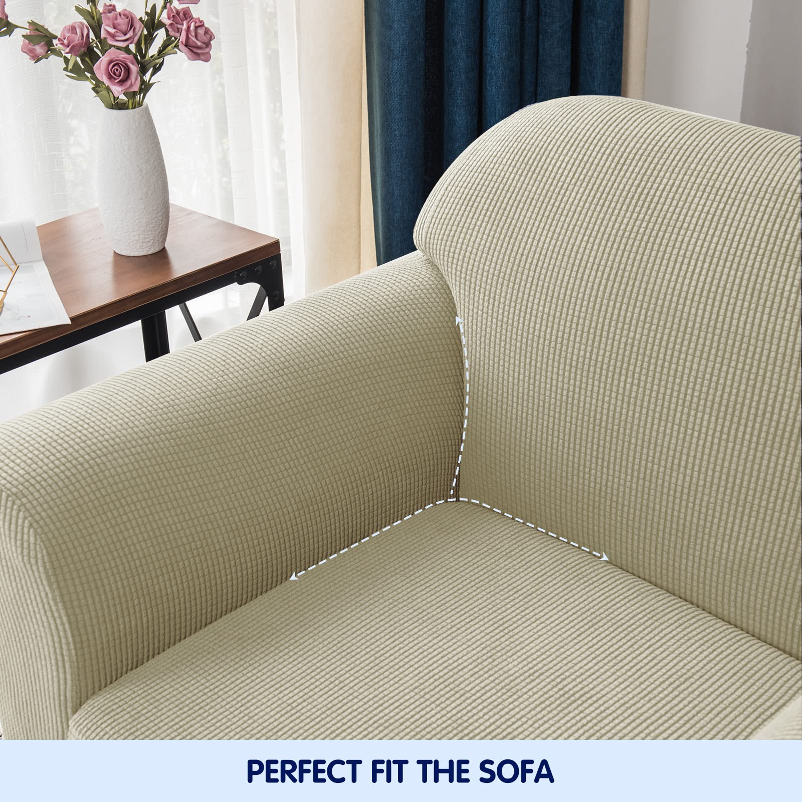 SUBRTEX Stretch Sofa Covers 2-Piece Set - Elastic Bottom Washable Slipcover for 2-3 Cushion Couches (Sand, Large) - Perfect for Living Room, Family Room & Home Decor Protection
