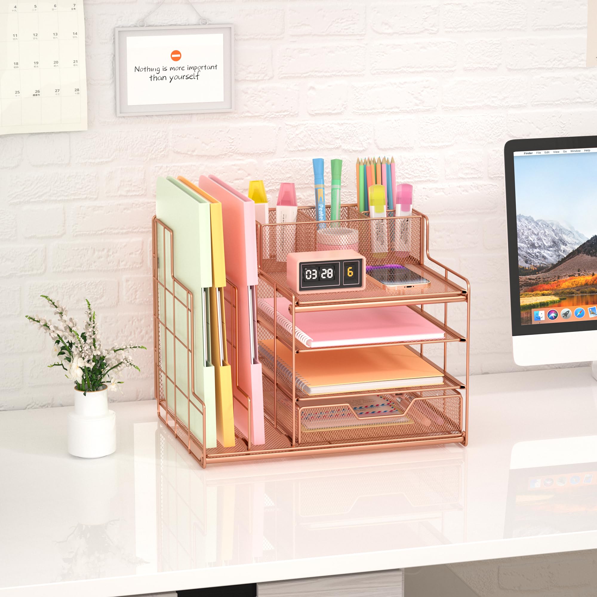 VIVSOL Rose Gold Desk Organizer with Drawer & Vertical File Sorters - Stylish Office Desk Accessories for Women - Perfect for Office, School & Home Organization - Enhance Workspace Efficiency & Declutter Your Desk