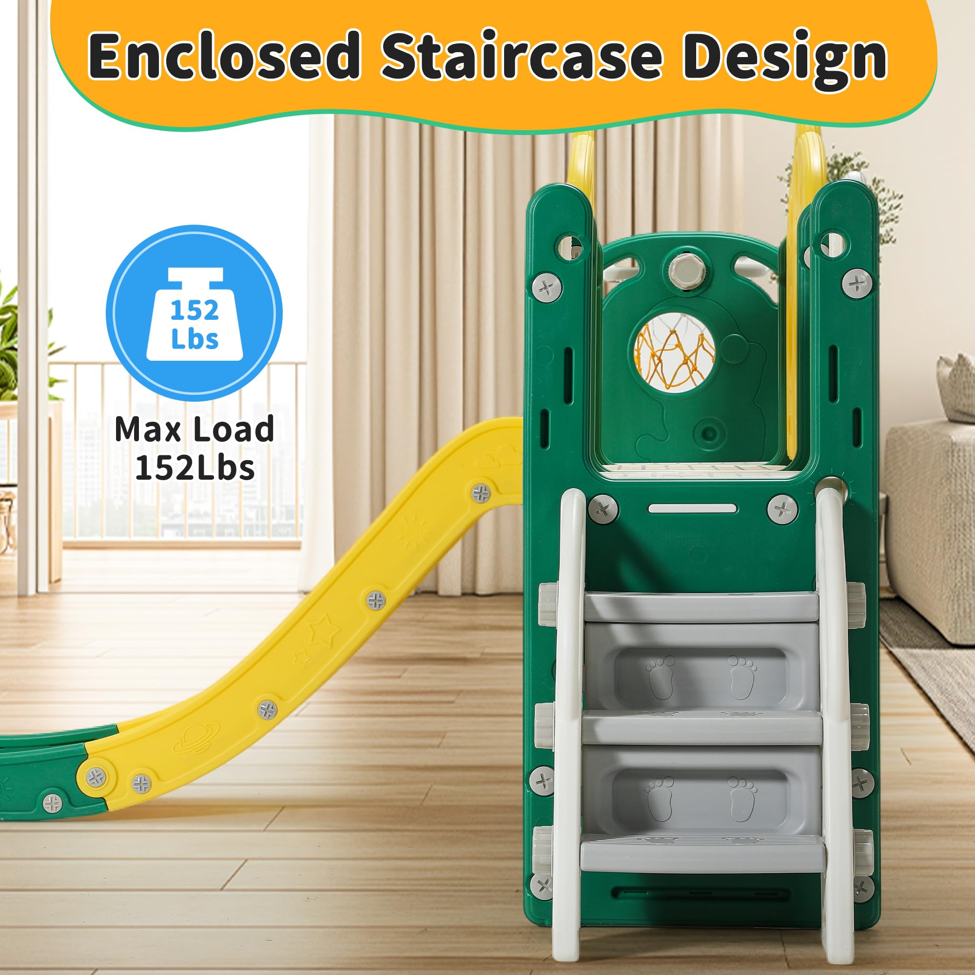 8-in-1 Toddler Slide Playset for Kids Ages 1-3 | Indoor/Outdoor Baby Slide with Basketball Hoop & Telescope | Safe Toddler Playground Equipment for Backyard, Nursery & Daycare (Green)