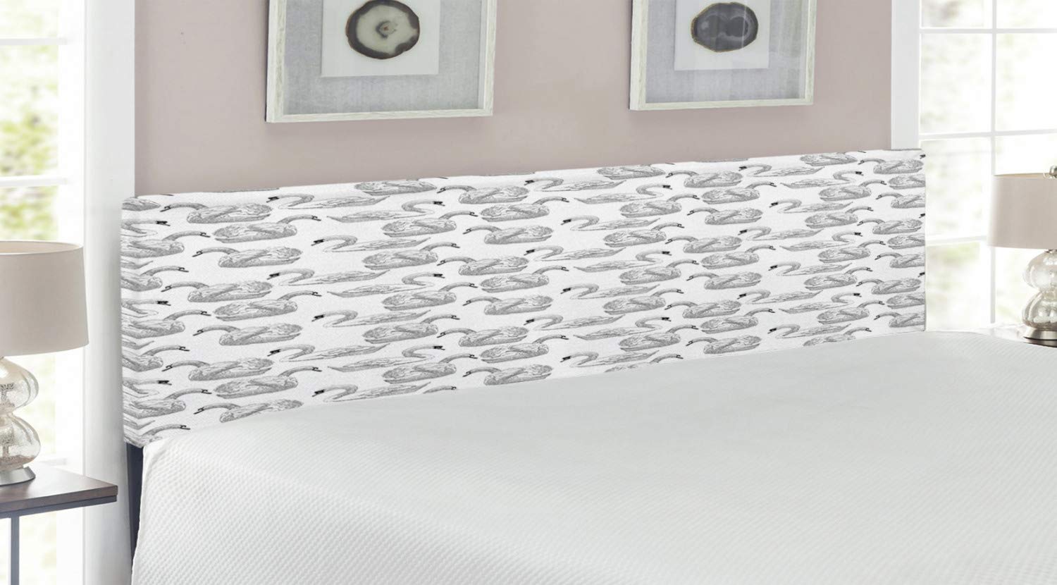 Ambesonne King Size Swan Headboard - Elegant Sketch Art of Swimming Waterfowls in Black & White | Upholstered Metal Bed Frame with Memory Foam | Perfect for Master Bedroom, Guest Room & Romantic Bedroom Decor