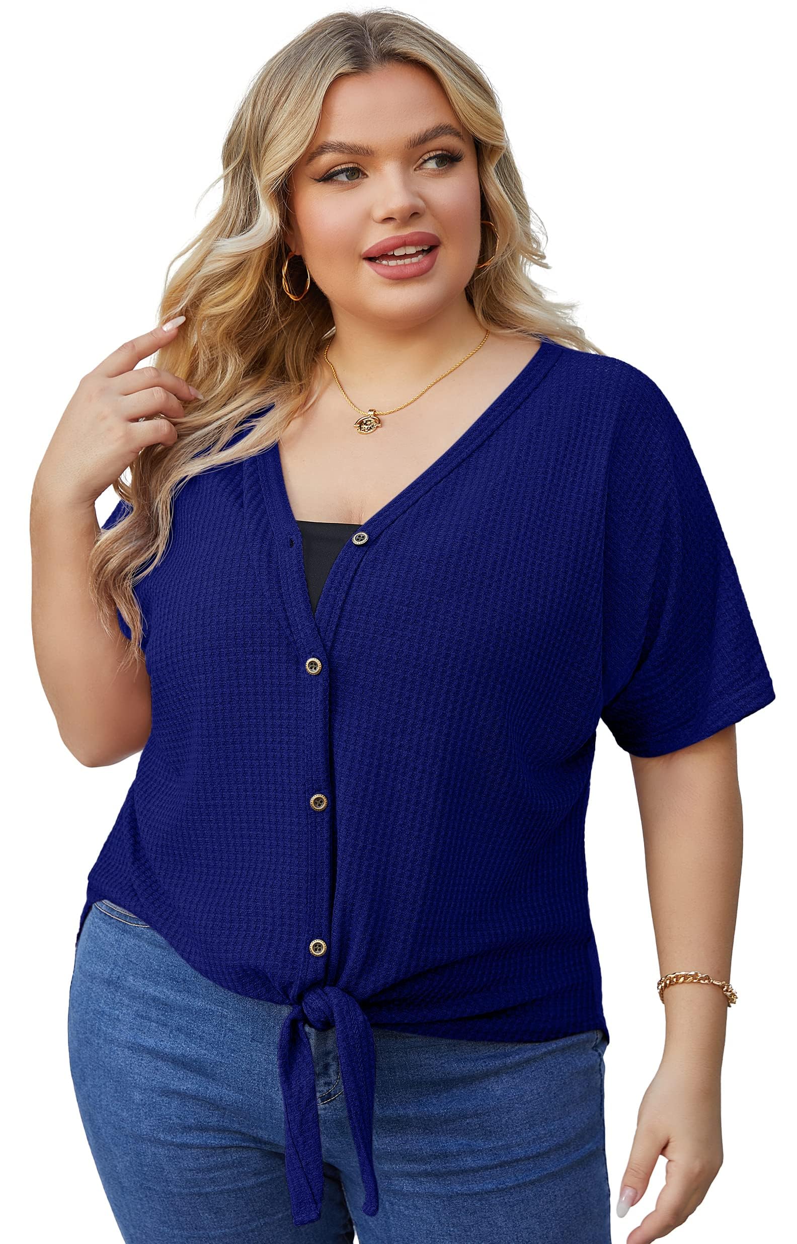 OLRIK Women's Plus Size Short Sleeve V-Neck Waffle Knit Tunic Blouse with Tie Front & Button Up - Casual Office Wear & Spring Layering Essential