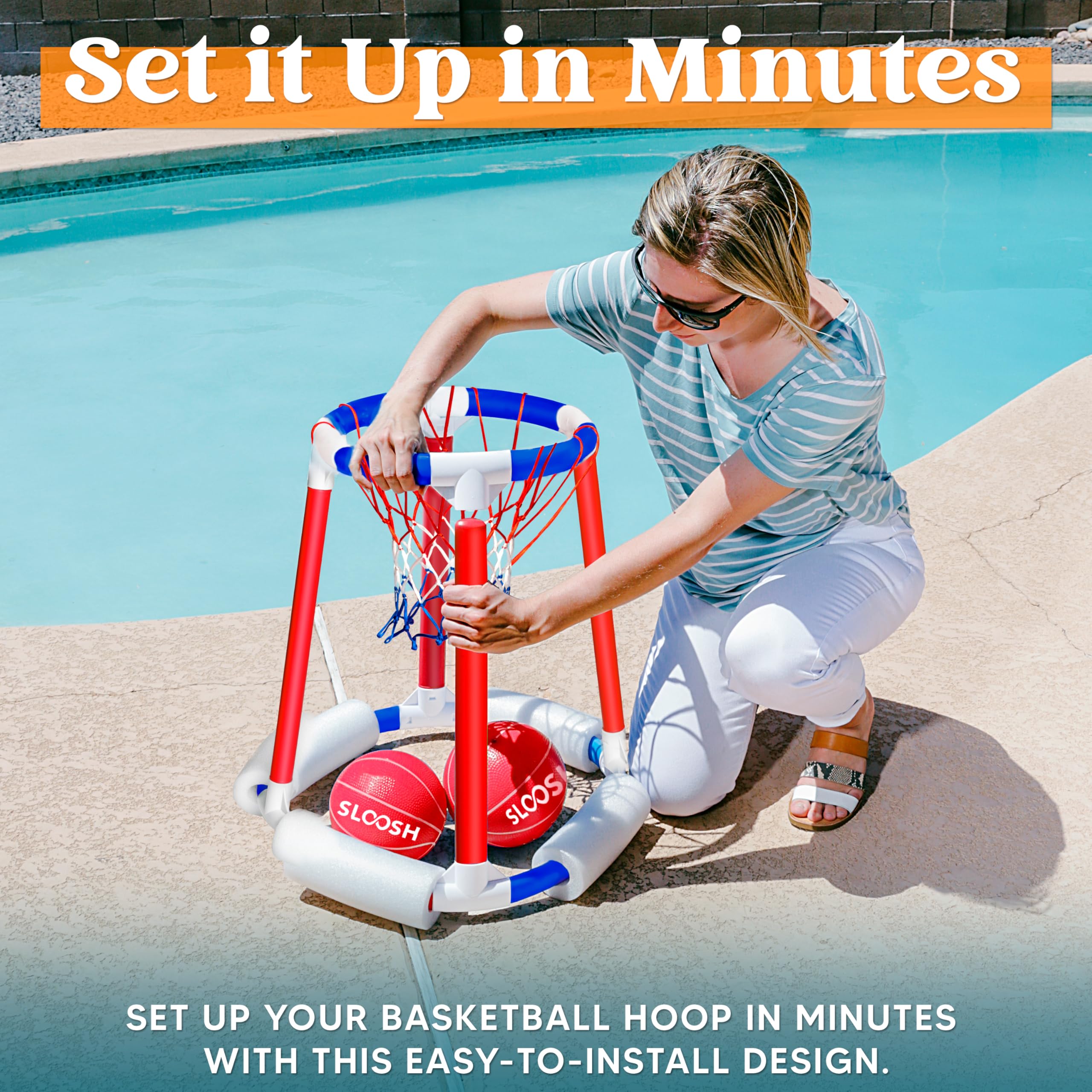 **Sloosh Pool Basketball Hoop - Floating Water Basketball Game with Balls & Pump - Fun Outdoor Swimming Pool Toy for Kids & Adults (Red & Blue) - Perfect for Summer Parties, Beach Trips & Backyard Fun**