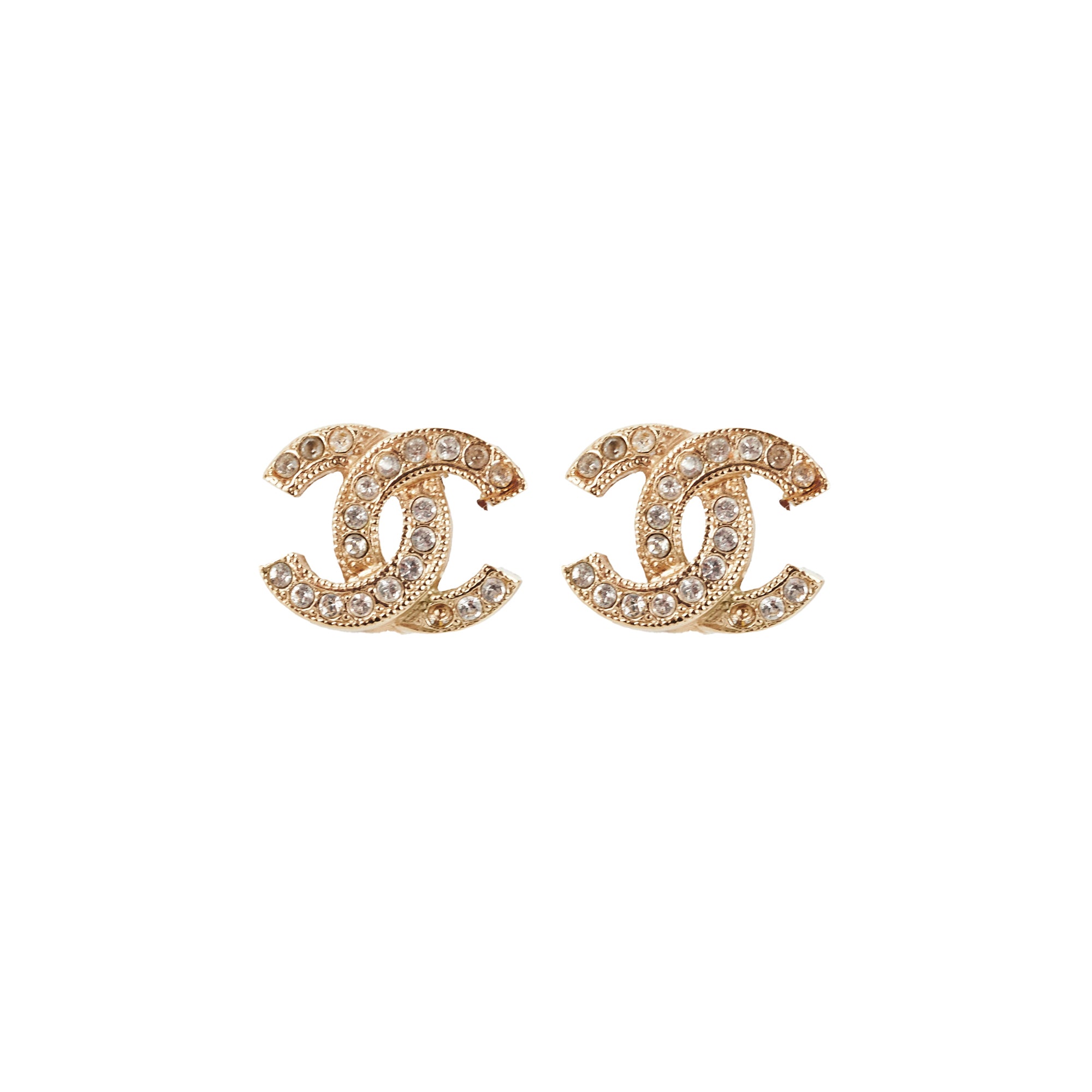 Chanel Mini CC Logo Rhinestone Gold Earrings - Elegant Costume Jewelry for Women - Perfect for Parties, Weddings & Special Occasions