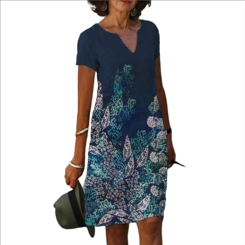 Akivide Women's Floral Print Linen Sundress - V-Neck Short Sleeve Casual Summer Dress for Women | Perfect for Beach Vacations, Garden Parties & Weekend Outings