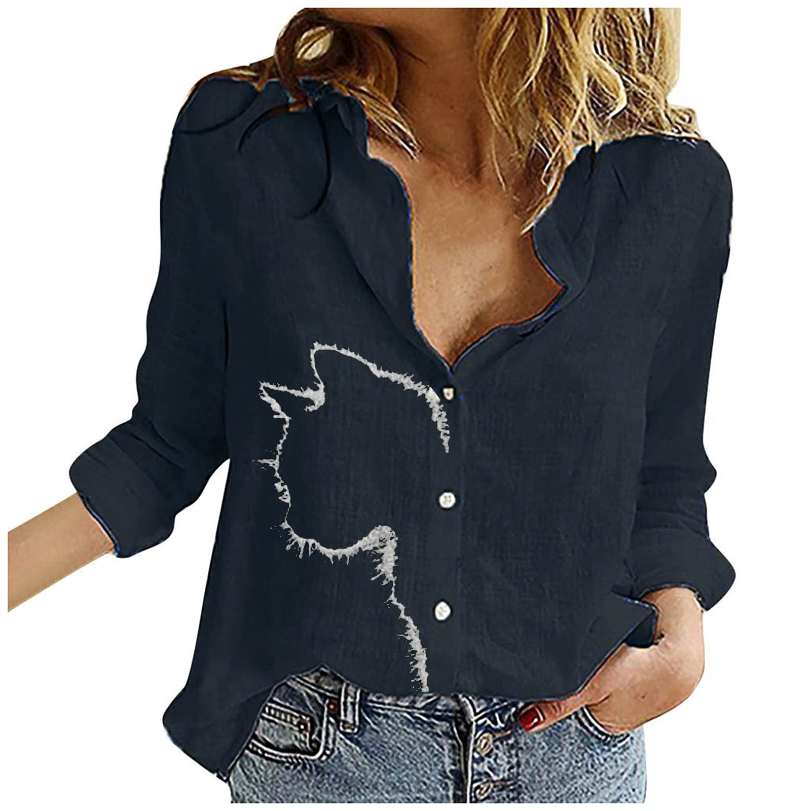 Women's Linen Shirt with Cat Outline Print - Casual Lapel Button-Up Blouse Long Sleeve Tops for Work, Travel & Everyday Wear