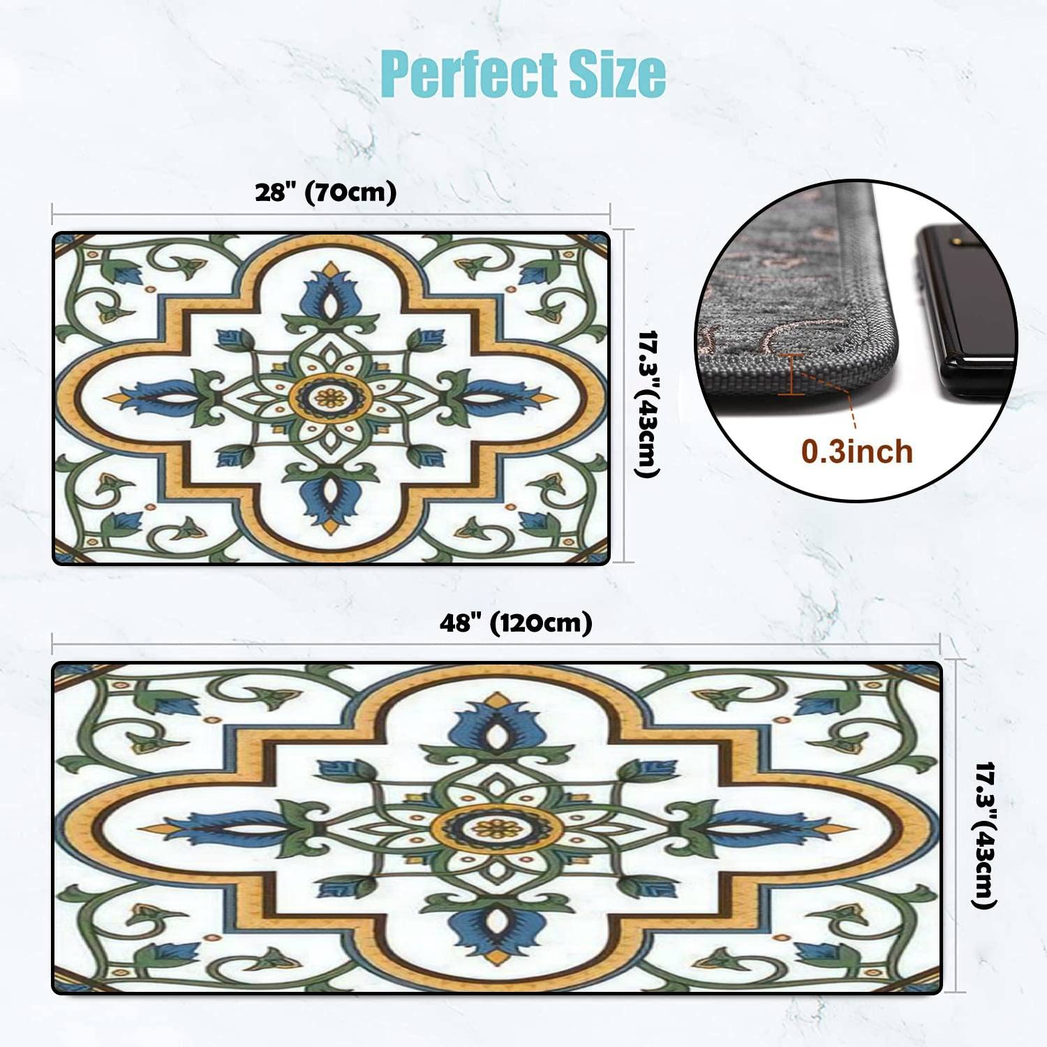Portugal Azulejo Kitchen Rugs Set - Non-Slip Washable Floor Mats for Kitchen & Bath Decor
