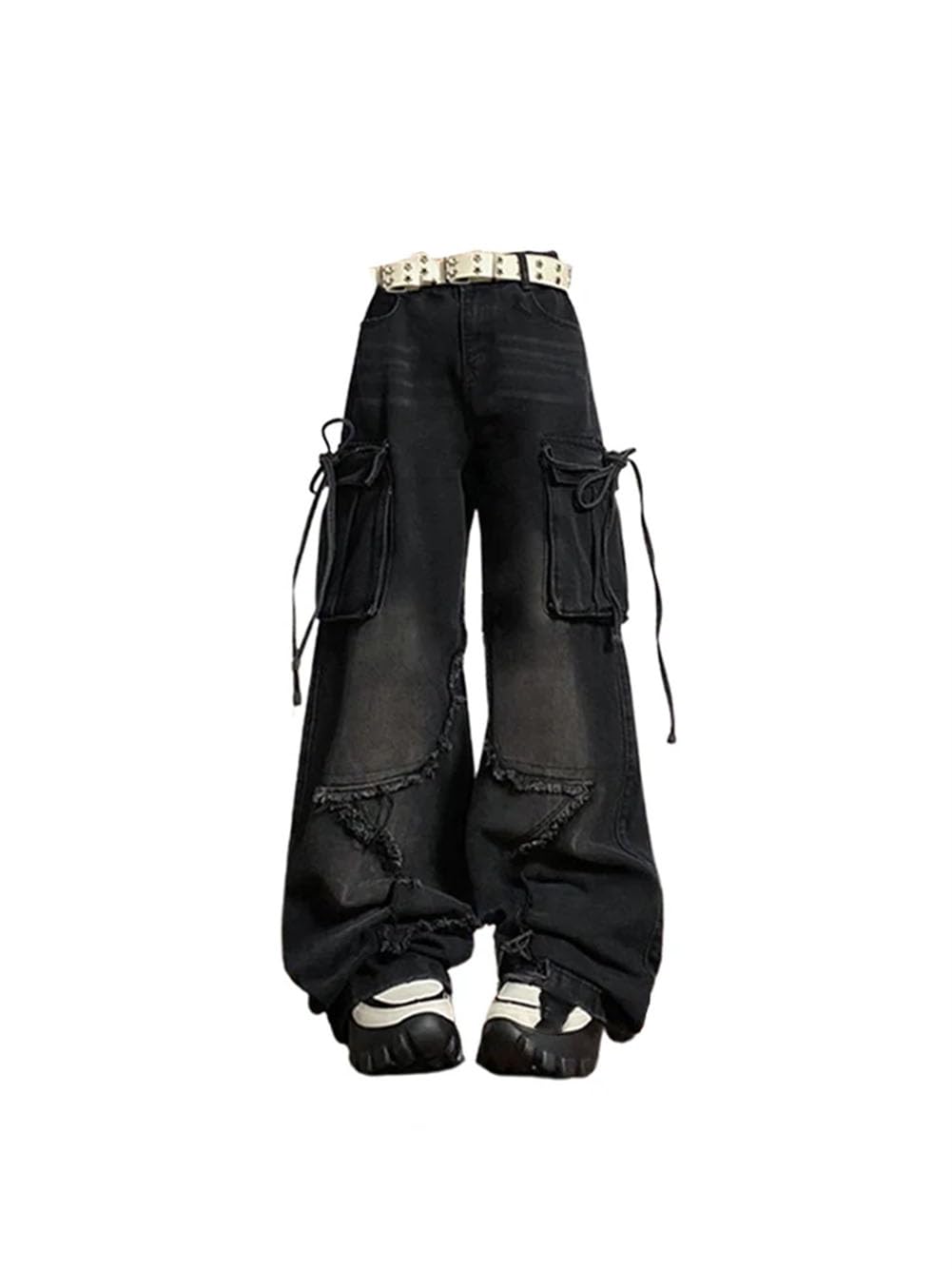 Gothic Black Baggy Cargo Jeans for Women - Aesthetic Distressed Denim Pants with Multiple Pockets | Perfect for Streetwear, Punk Fashion & Alternative Outfits