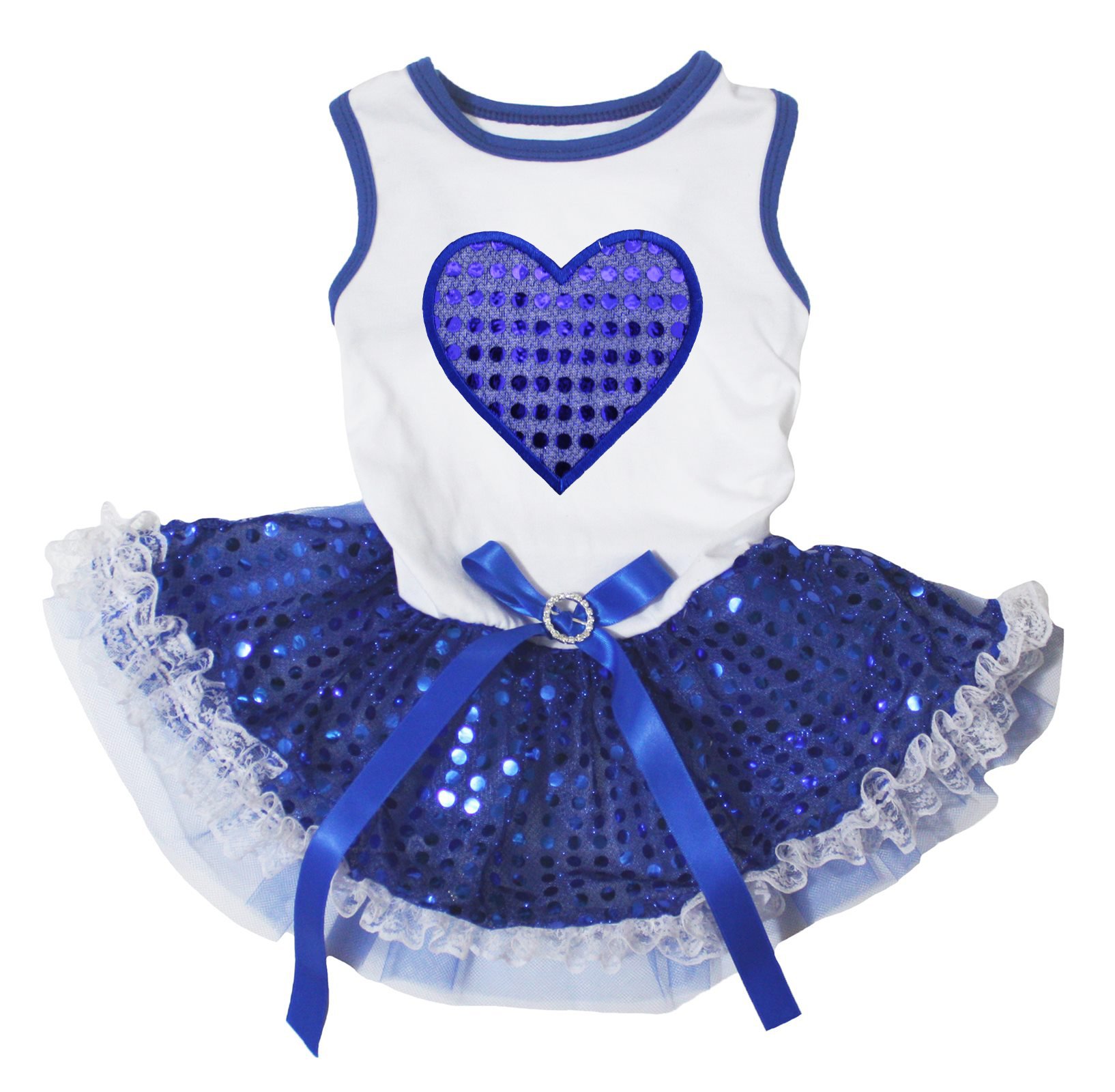 Blue Sequins Heart Puppy Dog Dress for Small Dogs - White & Blue Lace Costume, XX-Large Size | Perfect for Pet Parties, Halloween & Photo Shoots