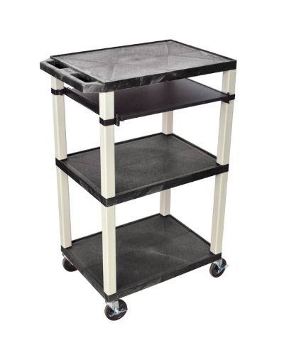 H Wilson WTPS42E-P Black & Putty Flat-Top Presentation Cart with Pull-Out Tray & 3 Shelves - Perfect for Office Supplies, Classroom Organization, and Retail Displays