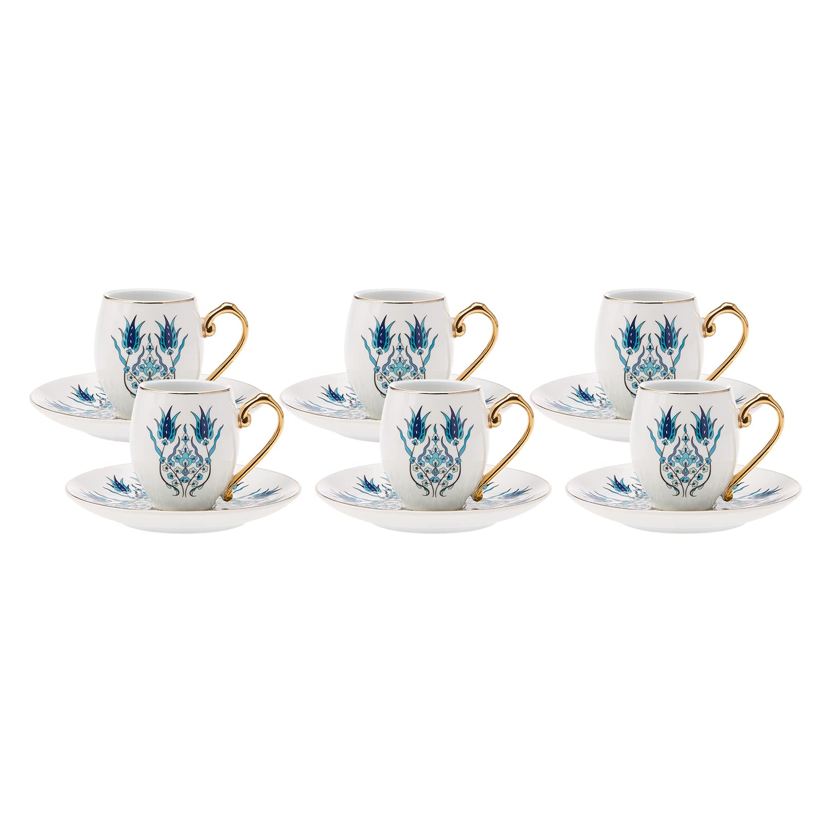 Decoret 6-Piece Porcelain Espresso Cup and Saucer Set - Small Demitasse Coffee Cups for Espresso & Turkish Coffee, White & Blue Ceramic Gift Box Set - Perfect for Home, Cafe, and Office Use