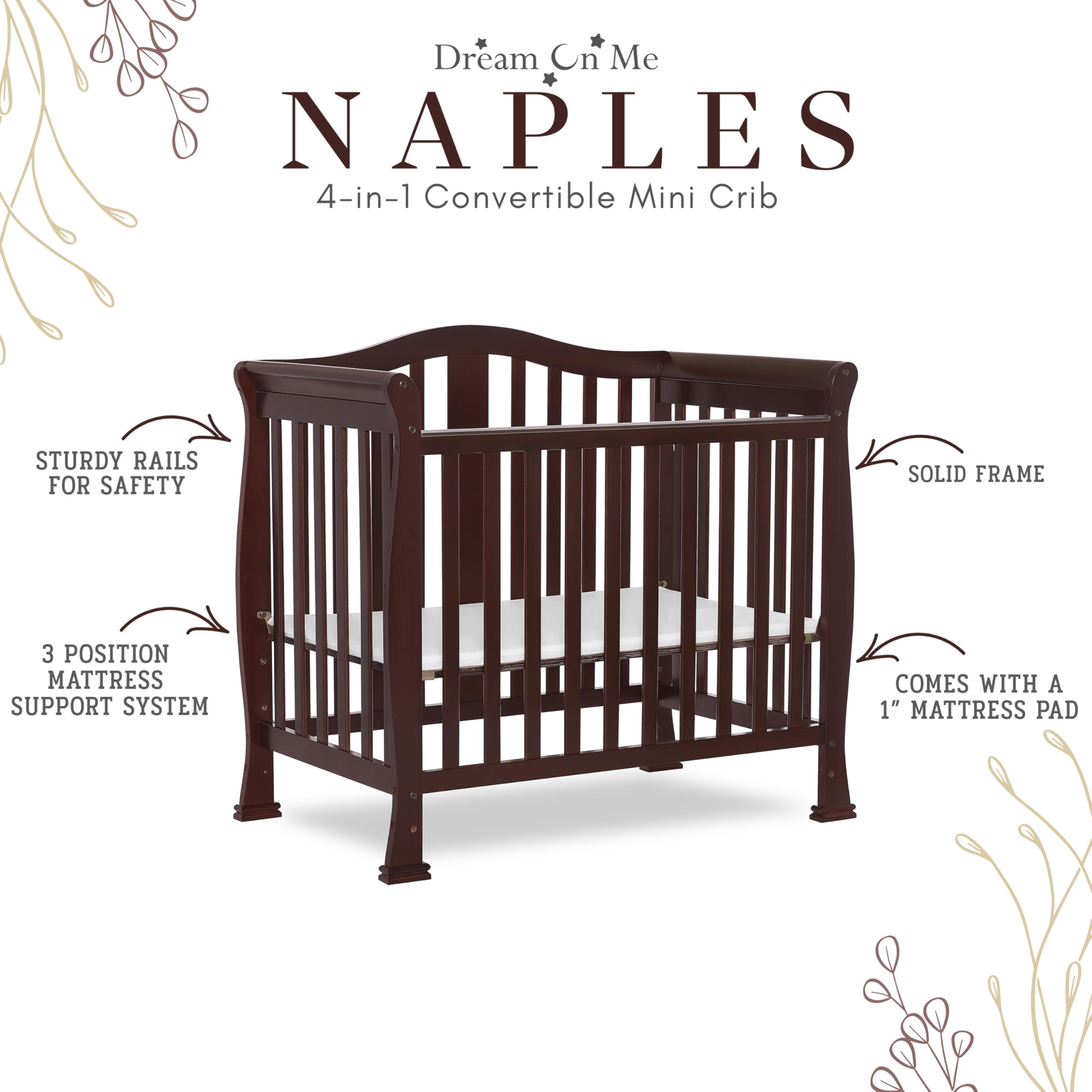 Dream On Me Addison 4-in-1 Convertible Mini Crib - Espresso Finish | Greenguard Gold Certified | Non-Toxic New Zealand Pinewood | Includes 1
