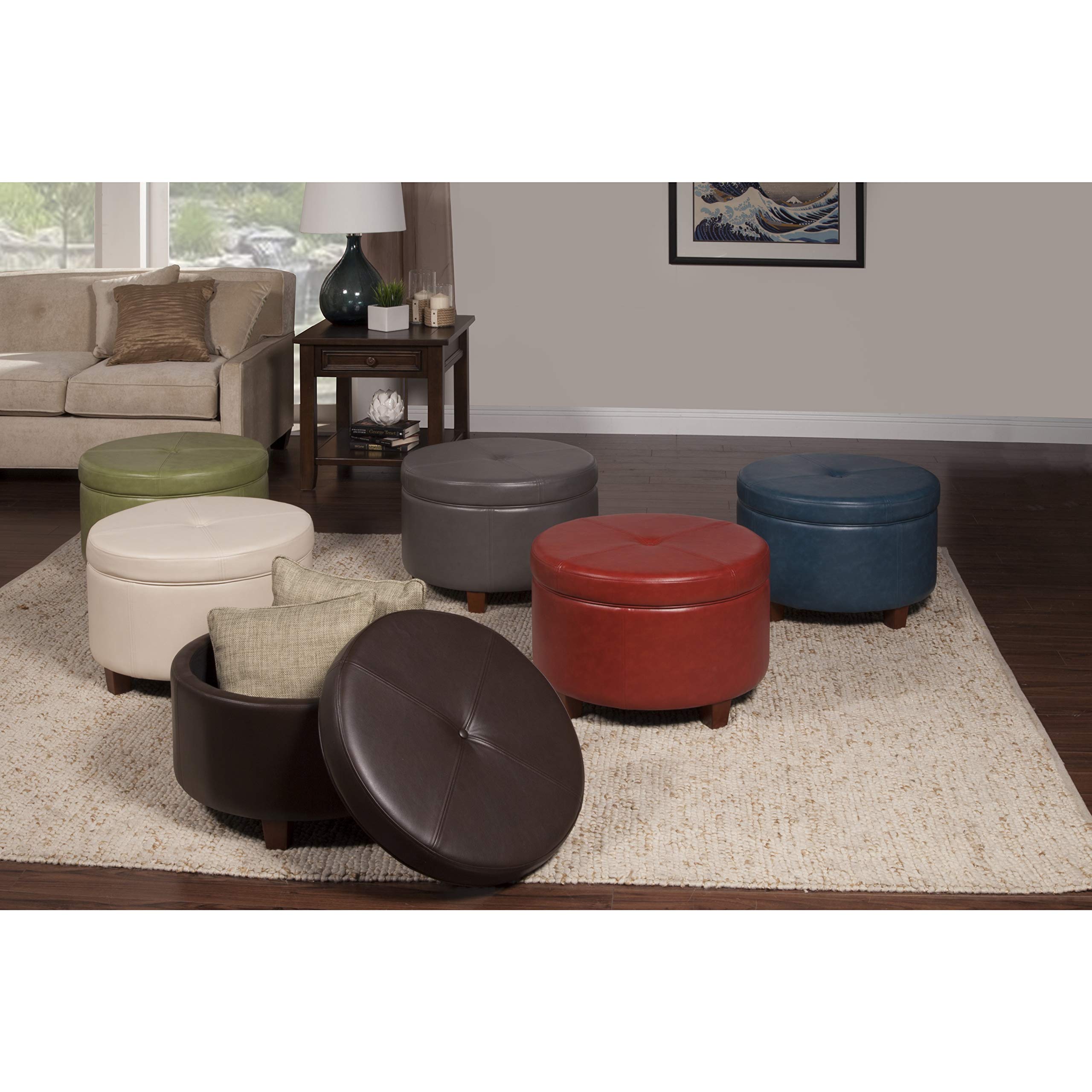 Large Ivory Faux Leather Round Storage Ottoman with Wood Base - Cream Solid Transitional Style Footstool, Pouf & Seat with Foam Cushion - Perfect for Living Room, Bedroom & Home Decor