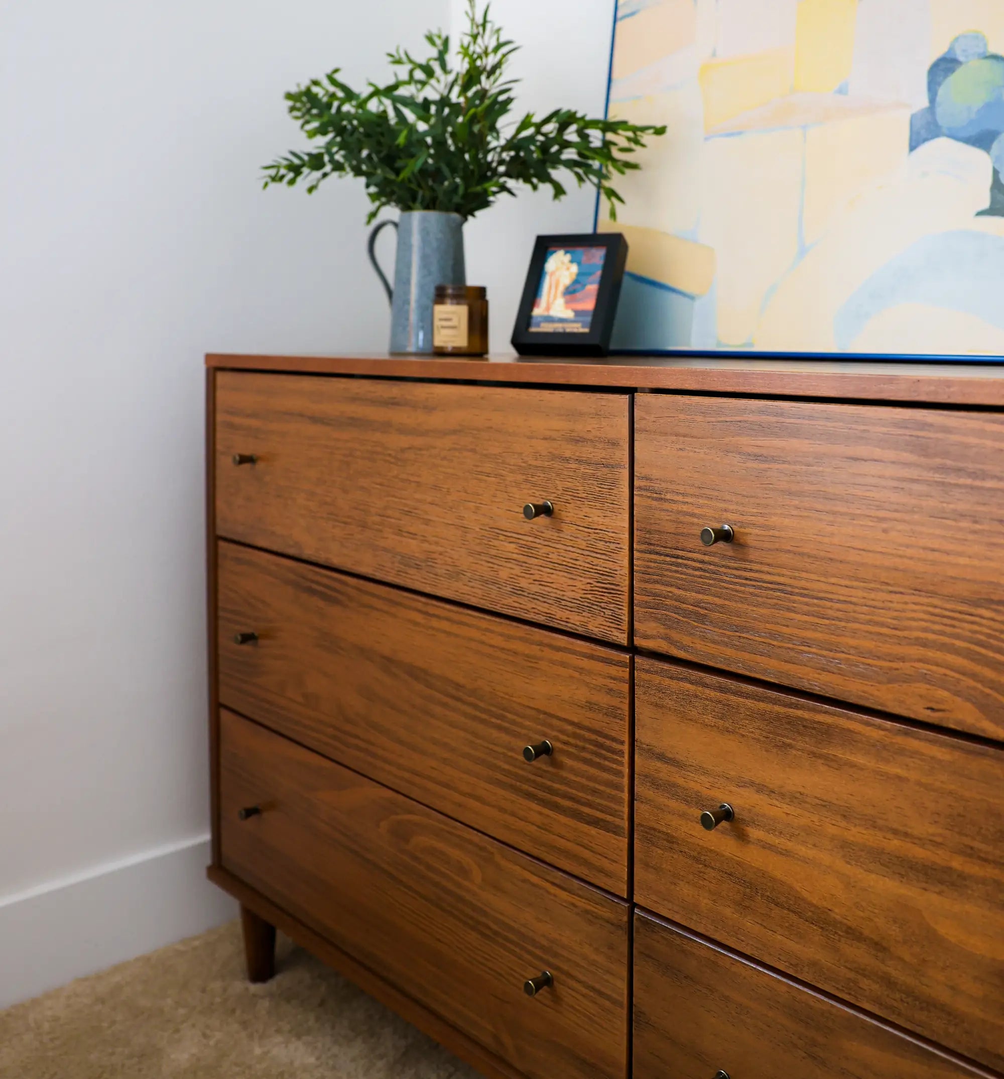 Vintage Mid Century Modern 6-Drawer Wooden Dresser - Solid Oak Storage Cabinet for Bedroom, Living Room & Office Organization