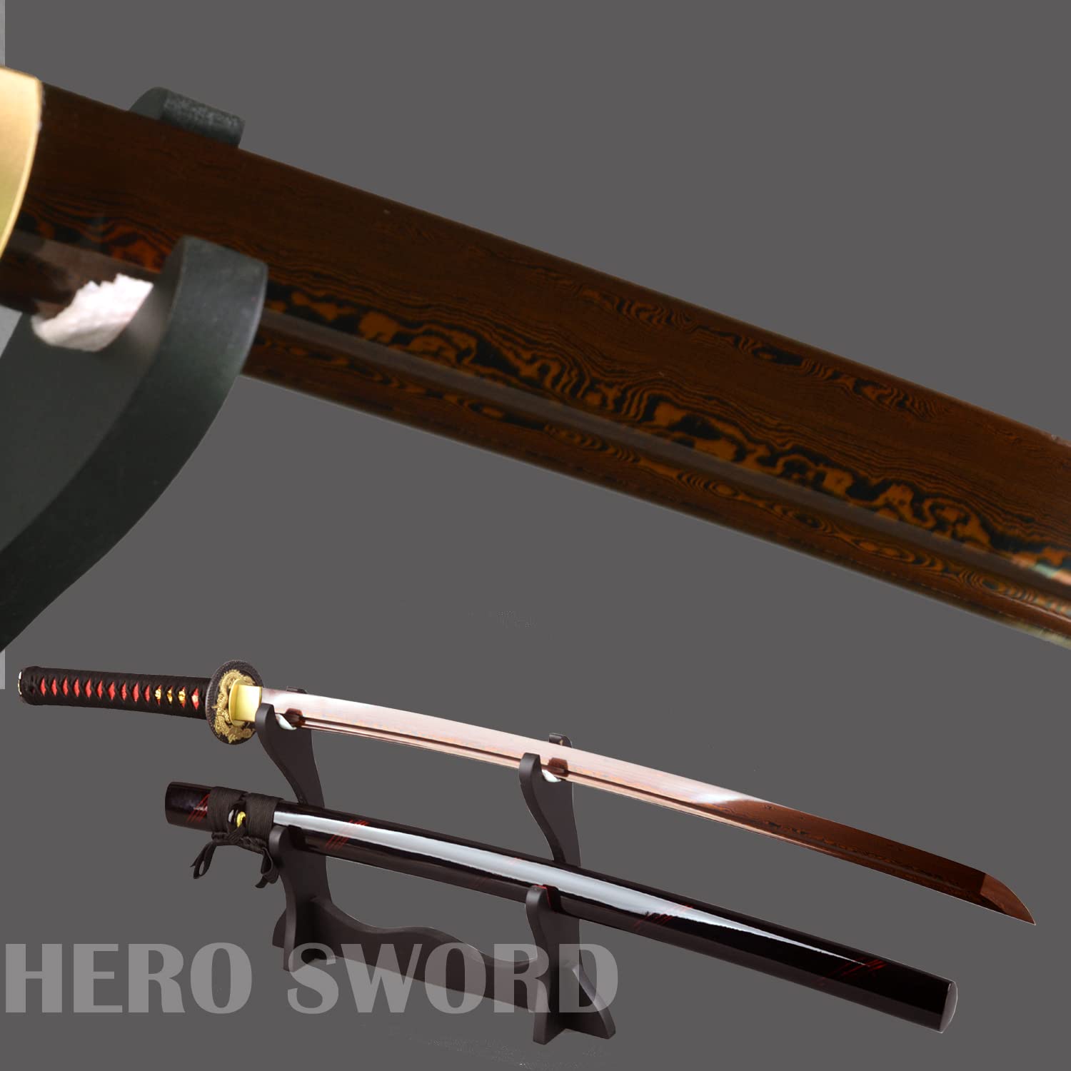 Handmade Japanese Damascus Folded Steel Katana - Battle Ready Samurai Sword with Gold Dragon Tsuba - Perfect for Martial Arts Training, Cosplay, and Collectors Display