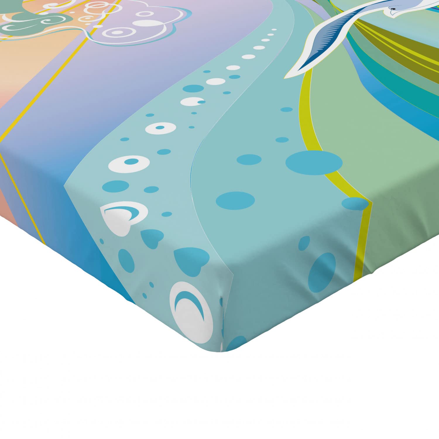 Ambesonne Modern Fitted Sheet - Queen Size Cartoon Wave & Sunset Design with Birds & Bubbles, Deep Pocket All-Around Elastic Bed Cover for Comfort | Perfect for Kids Rooms, Beach Themed Bedrooms & Coastal Decor