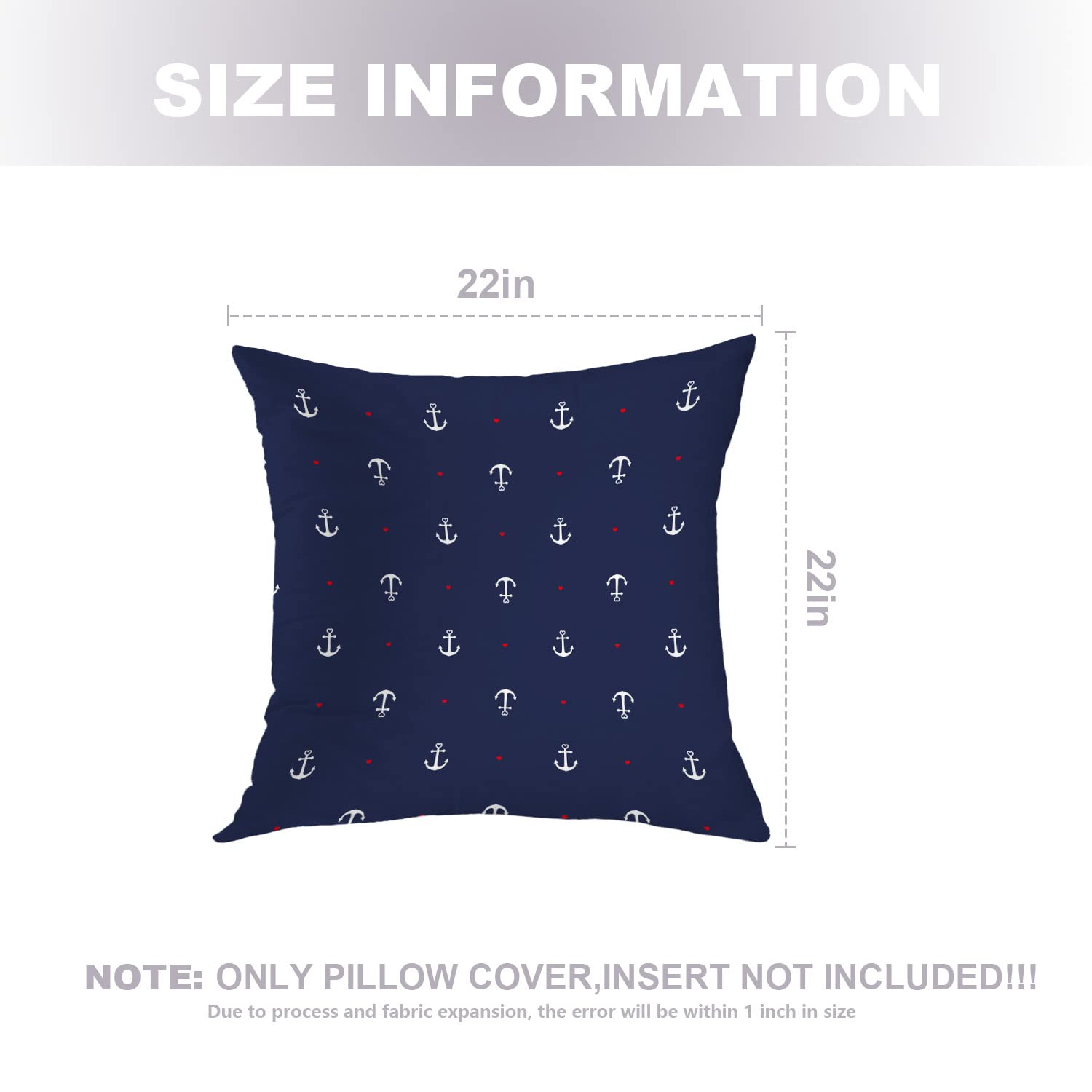 Nautical Coastal Decorative Pillow Covers 22x22 Inch - Blue & White Cotton Square Cushion Covers with Red Heart Design for Sofa, Bed, Boat, or Beach House Decor