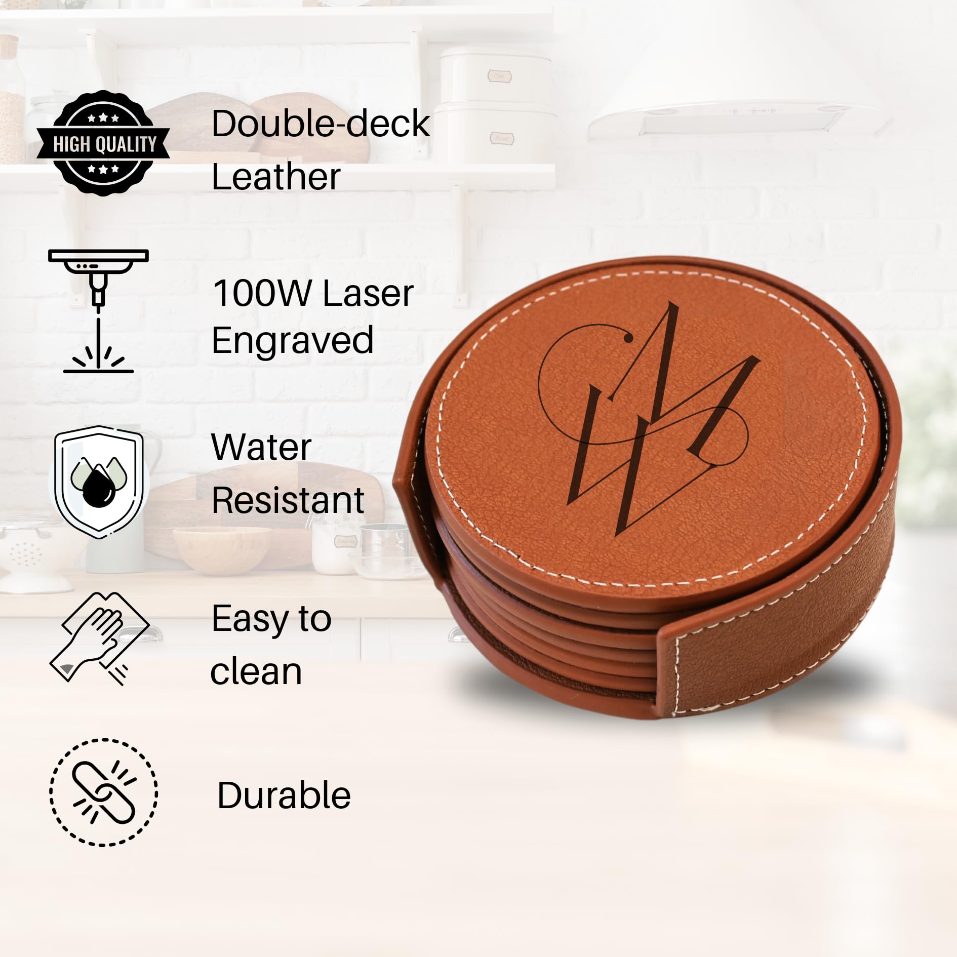 Set of 6 Personalized Engraved Leather Coasters with Holder | Handmade in USA | Custom Wedding, Anniversary & Housewarming Gifts | Perfect for Home Bar, Office Desk & Dinner Parties