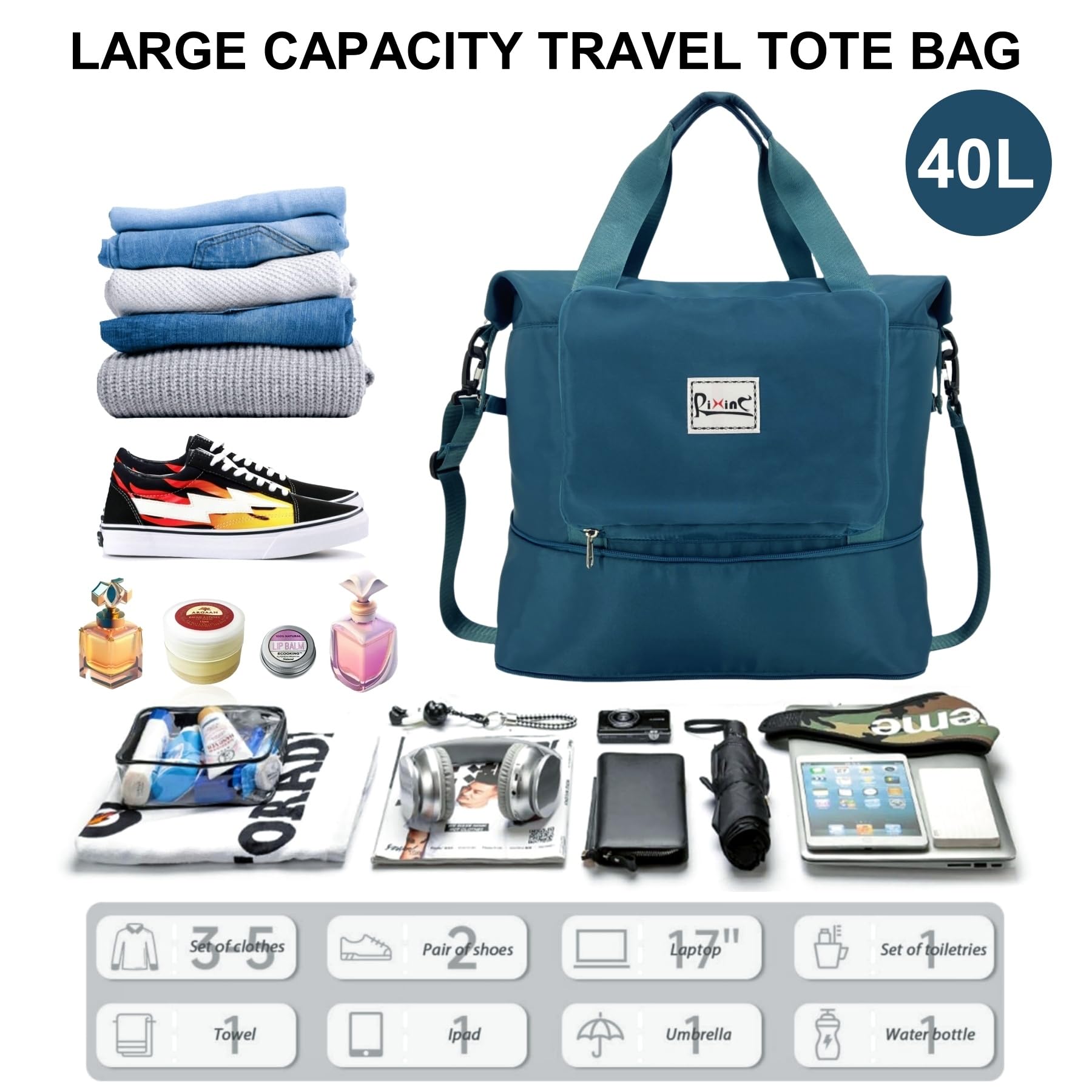 Foldable Travel Duffel Bag for Women - Waterproof Expandable Gym Tote & Weekender Overnight Bag with Detachable Shoulder Strap & Wet Compartment - Perfect for Sports, Gym, Travel & Weekend Getaways (Peacock Blue)