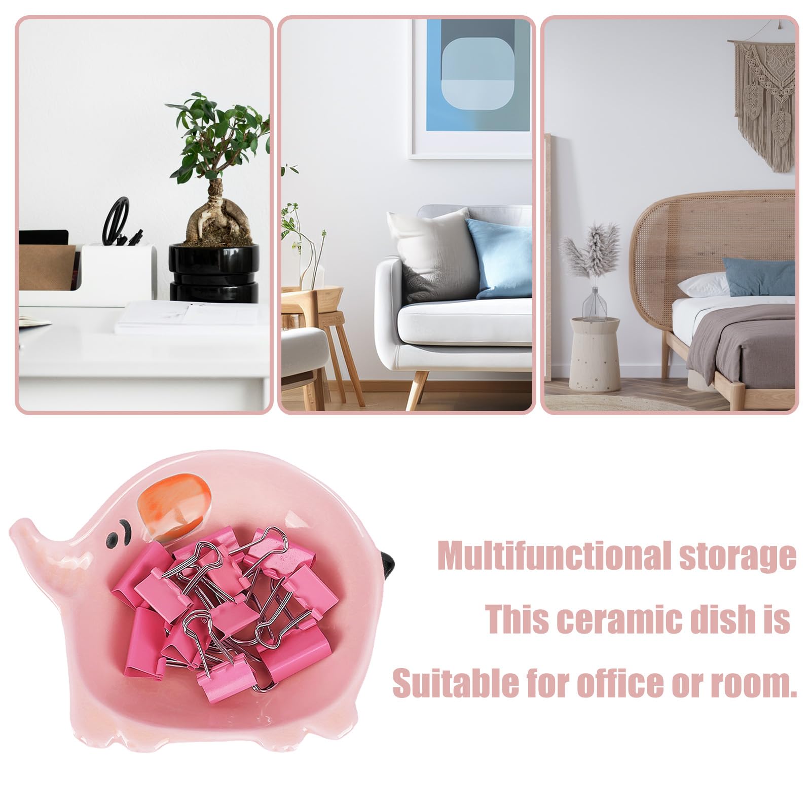 Ceramic Elephant Paper Clip Holder - Cute Pink Desktop Organizer for Office Supplies, Binder Clips & Paperclips | Perfect for Desk Organization, School & Home Office Use