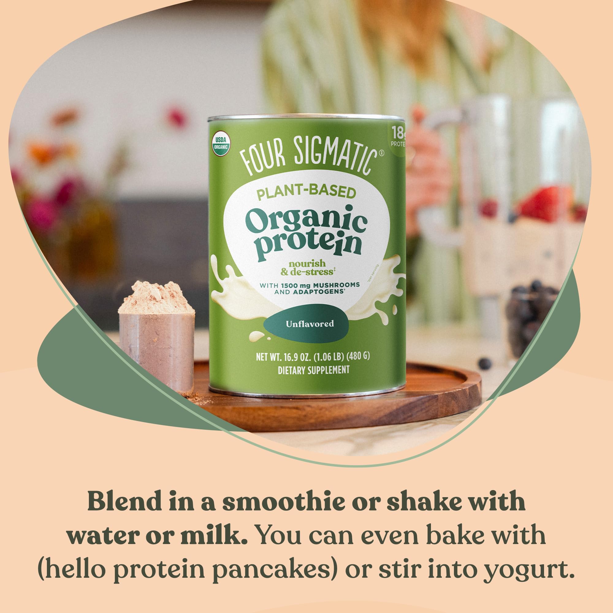 Four Sigmatic Organic Plant-Based Protein Powder - Unflavored Vegan Protein with Lion’s Mane, Chaga & Cordyceps Mushrooms | Brain Function & Immune Support Supplement | 16.9 oz | Ideal for Smoothies, Post-Workout Recovery & Healthy Meal Replacement