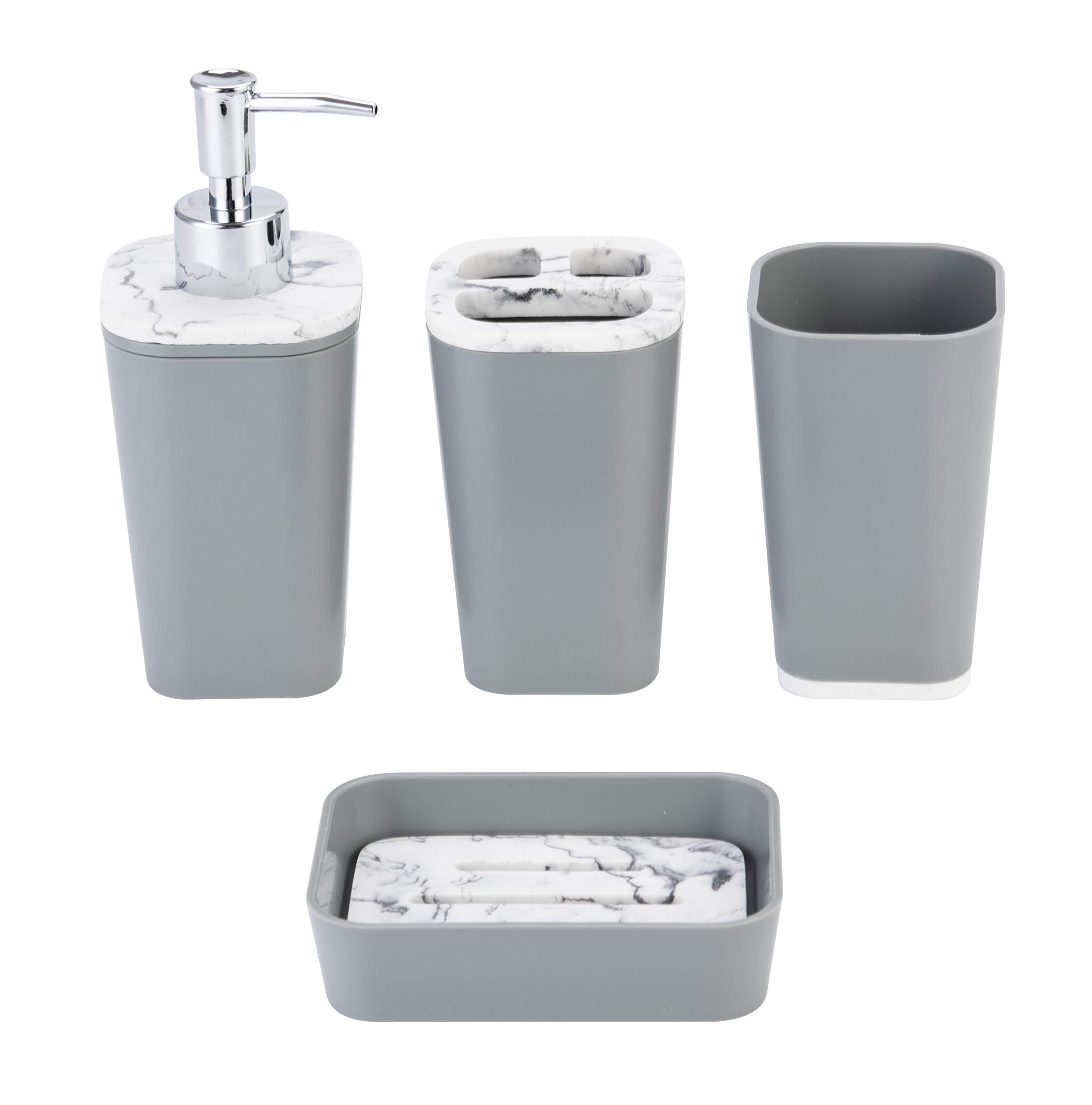 KRALIX 4-Piece Bathroom Vanity Set - Toothbrush Holder, Soap Dispenser, Soap Dish & Tumbler - Modern Gray Bathroom Organizer for Countertop - Perfect for Master Bath, Guest Bath & Apartment Decor