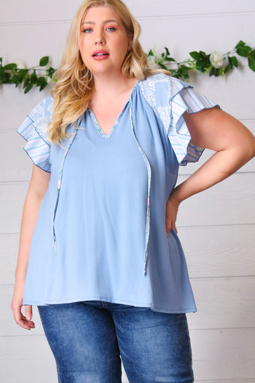 Blue Floral & Stripe V-Neck Tie Double Flutter Sleeve Blouse for Women | Summer Casual Tops for Work, Date Night & Outdoor Activities