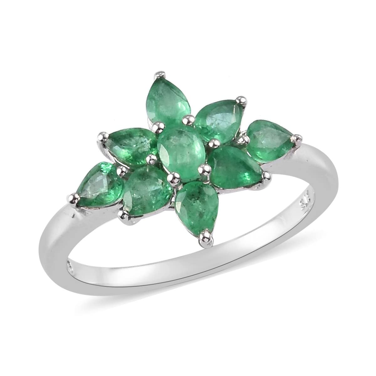 Shop LC 925 Sterling Silver Platinum Plated Cluster Ring with 1ct Emerald - Elegant Jewelry Gift for Women, Perfect for Anniversaries, Birthdays & Special Occasions