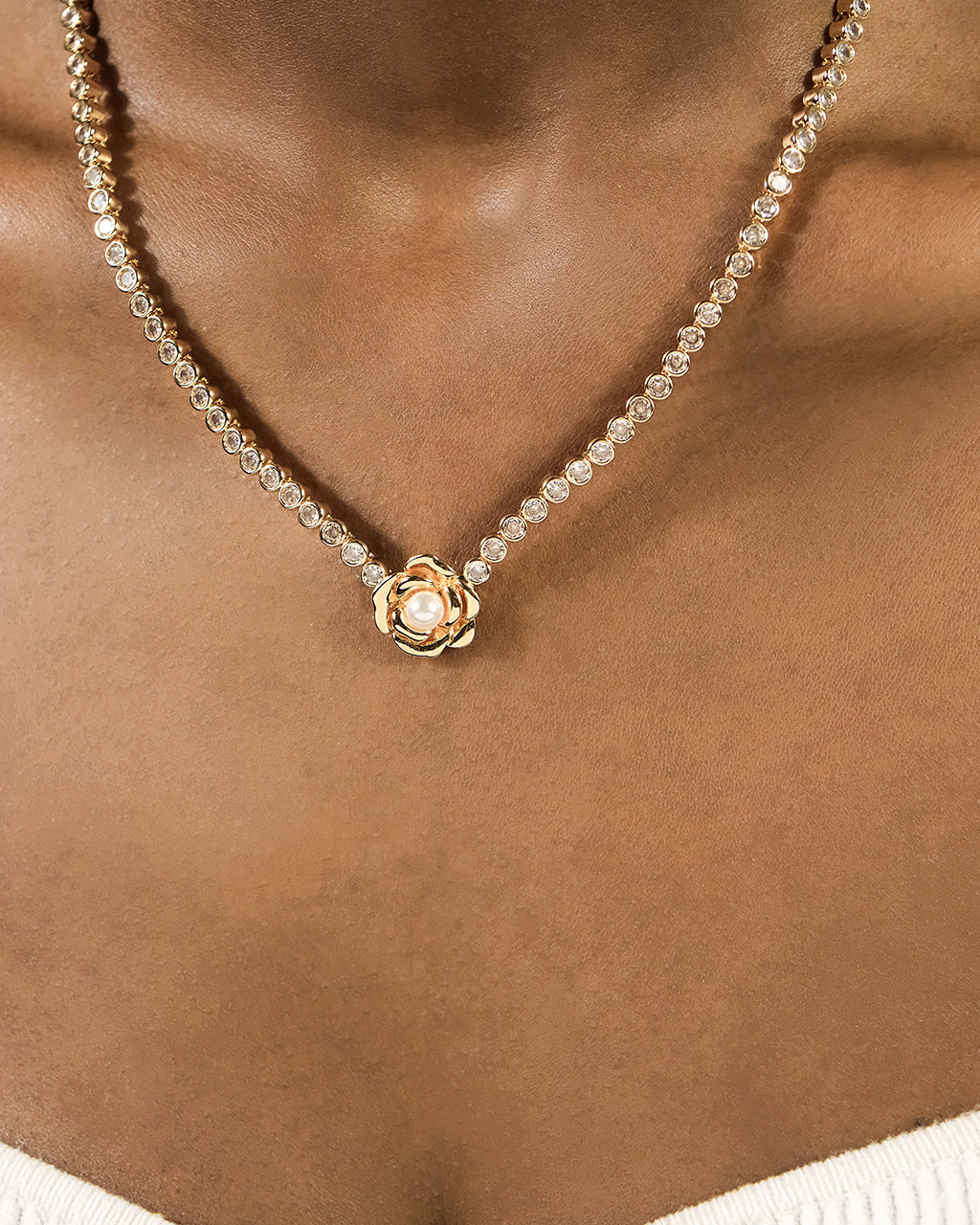Elegant Rosa Pearl Flower CZ Tennis Necklace for Women - Perfect for Weddings, Parties & Special Occasions