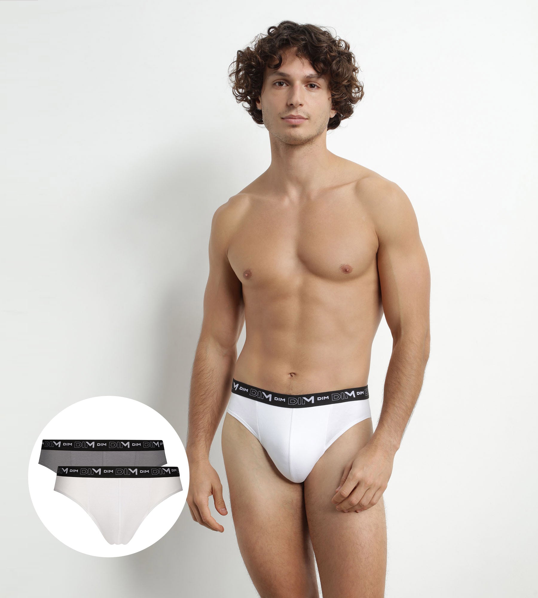 2 Pack Men's Briefs - White & Gray with Contrast Waistband - Dim Cotton Stretch Underwear for Everyday Comfort & Support
