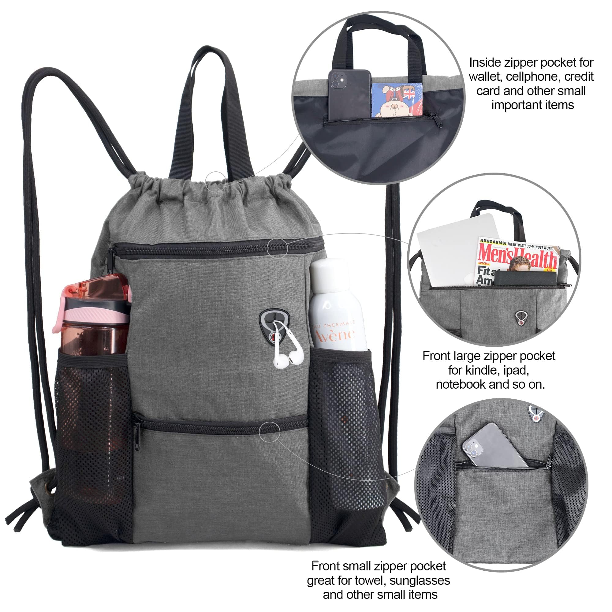 BeeGreen Drawstring Backpack for Gym & Sports - Lightweight Waterproof Backpack with Shoe Compartment & 2 Water Bottle Pockets - Perfect for Workout, Travel, School and Outdoor Activities