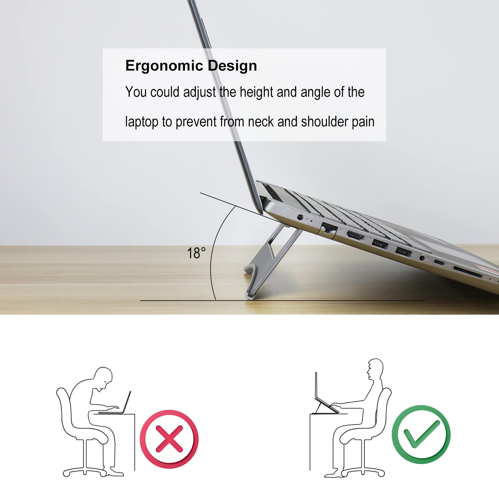 Adjustable Ergonomic Aluminum Laptop Stand for 10-15.6 Inch Notebooks - Portable & Sturdy Desktop Riser for Home, Office & Travel Use