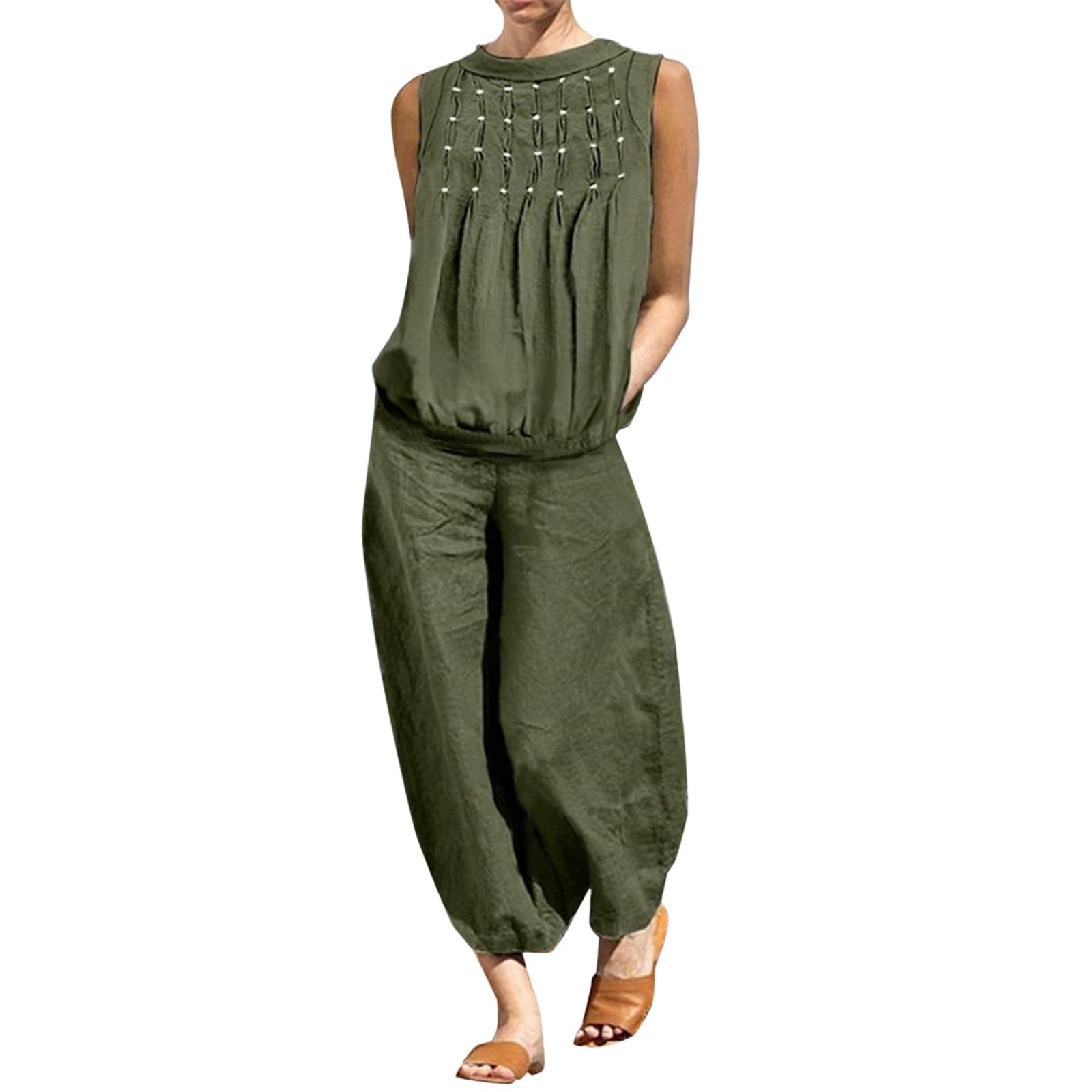 Women's Petite Plus Size Summer Cotton Linen Lounge Set - Shorts & Pants Comfy Outfit for Travel, Going Out & Home Relaxation | Breathable Casual Wear for Warm Weather