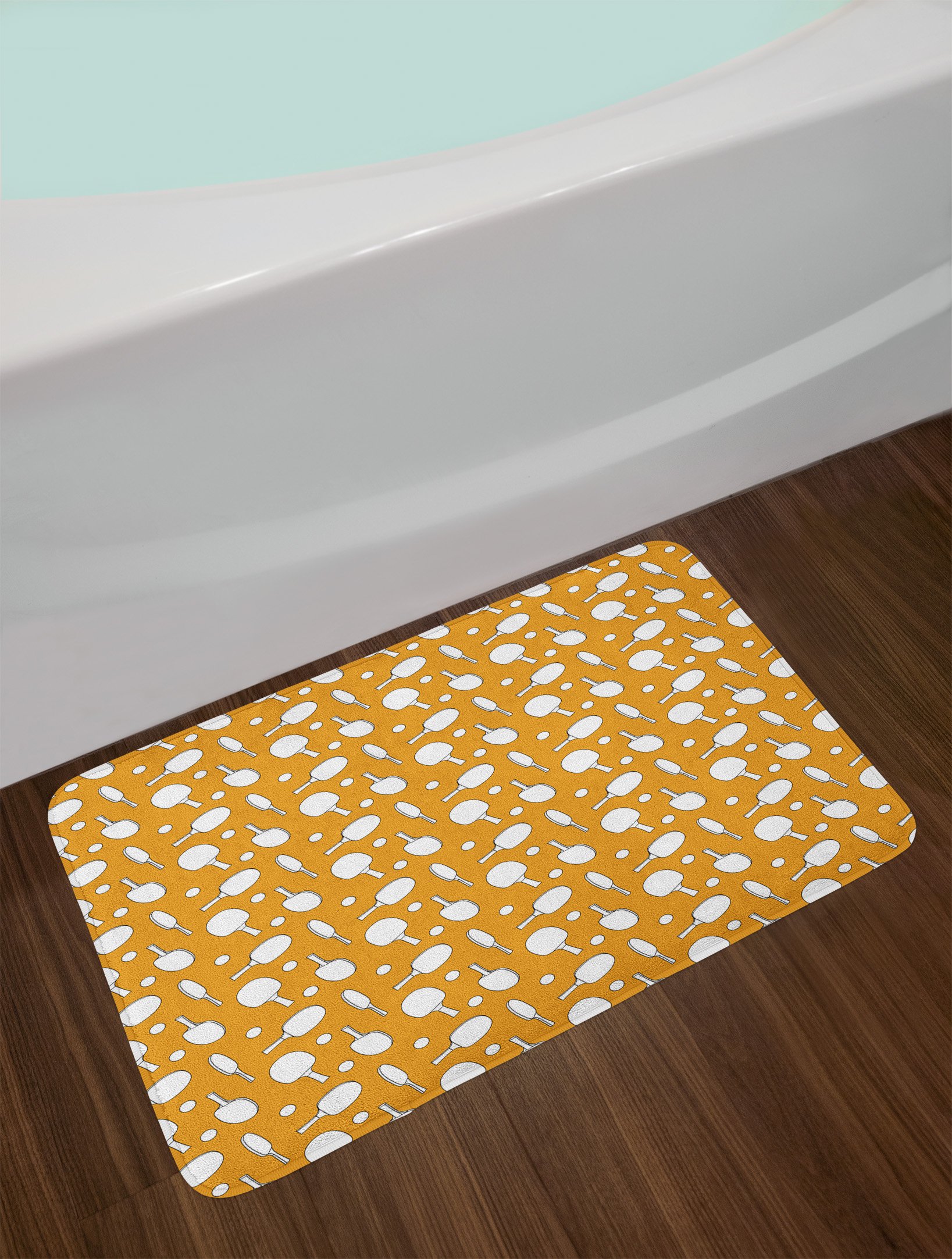 Lunarable Non-Slip Tennis Bath Mat - Ping Pong Rackets & Balls Monochrome Sports Design, Plush Bathroom Decor Mat 30.2