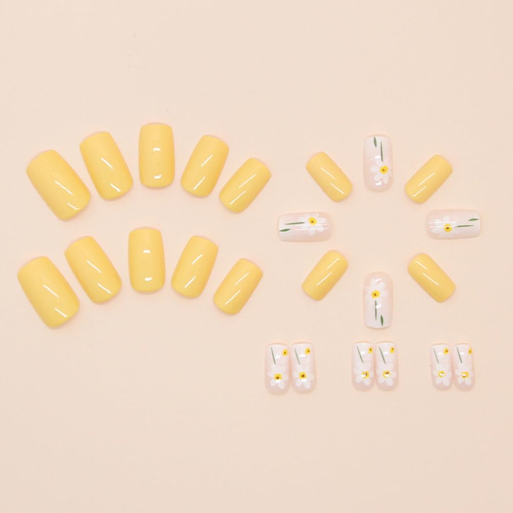 24 Pcs Yellow Press on Nails Medium Square - QUNQINLI Fake Nails Full Cover Glossy False Nails with Cute Flowers Design, Acrylic Nail Art Kit with Glue for Women & Girls - Perfect for Parties, Weddings, and Everyday Manicure