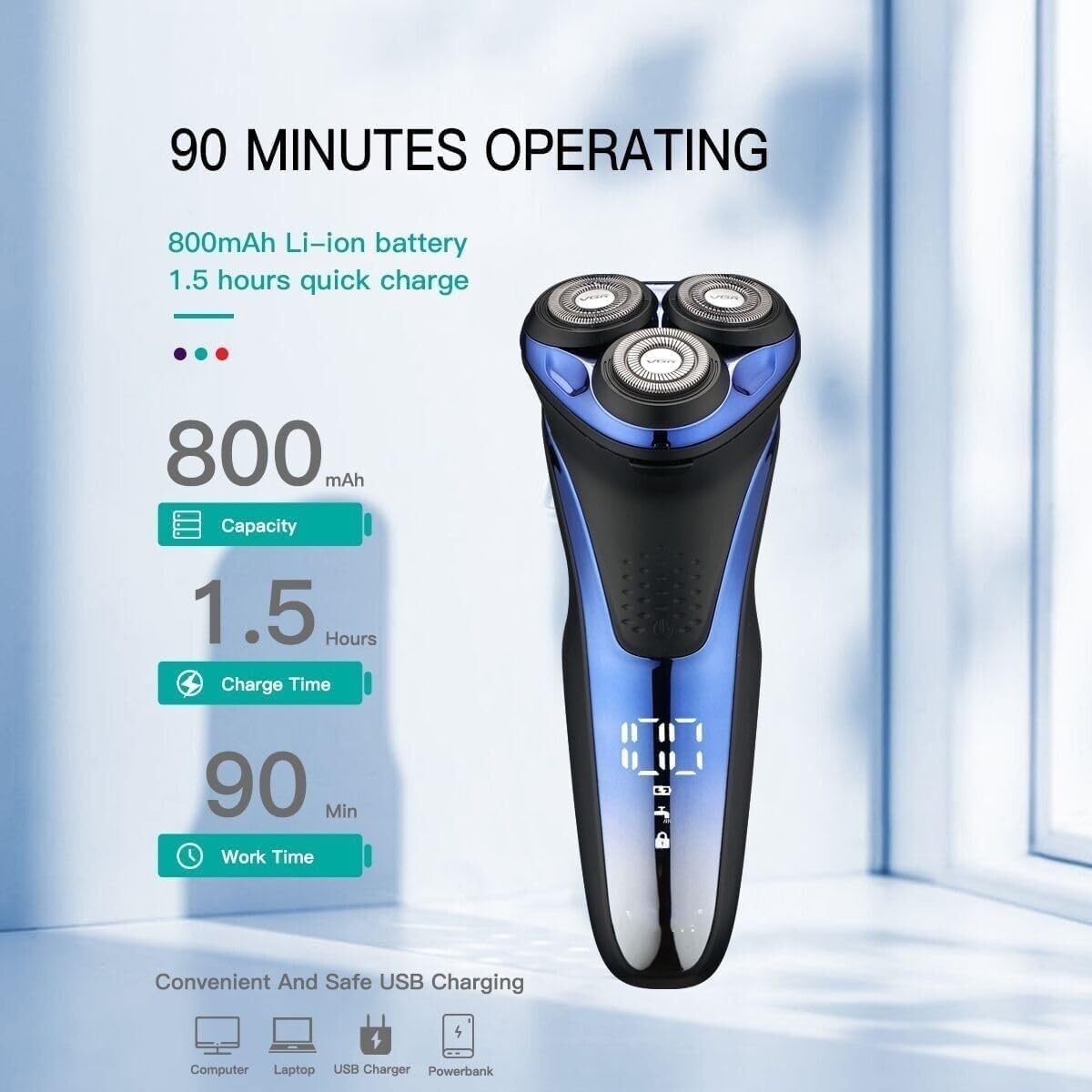 Professional Electric Razor for Men - Waterproof Rotary 3D Floating Shaver with Rechargeable Battery | Beard Trimmer & Cordless Shaving System for Home & Travel Use