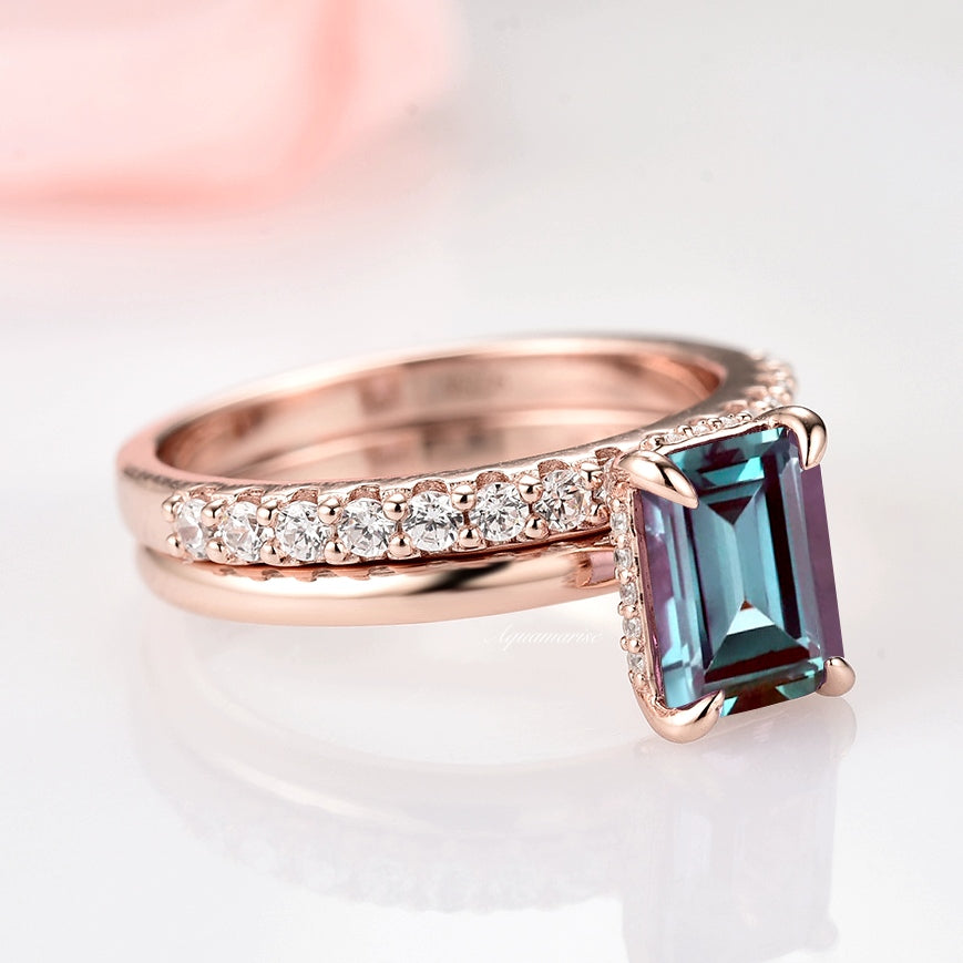Alexandrite Engagement Ring Set - 14K Rose Gold Vermeil Wedding Band for Women | Perfect for Proposals, Anniversaries & Special Occasions