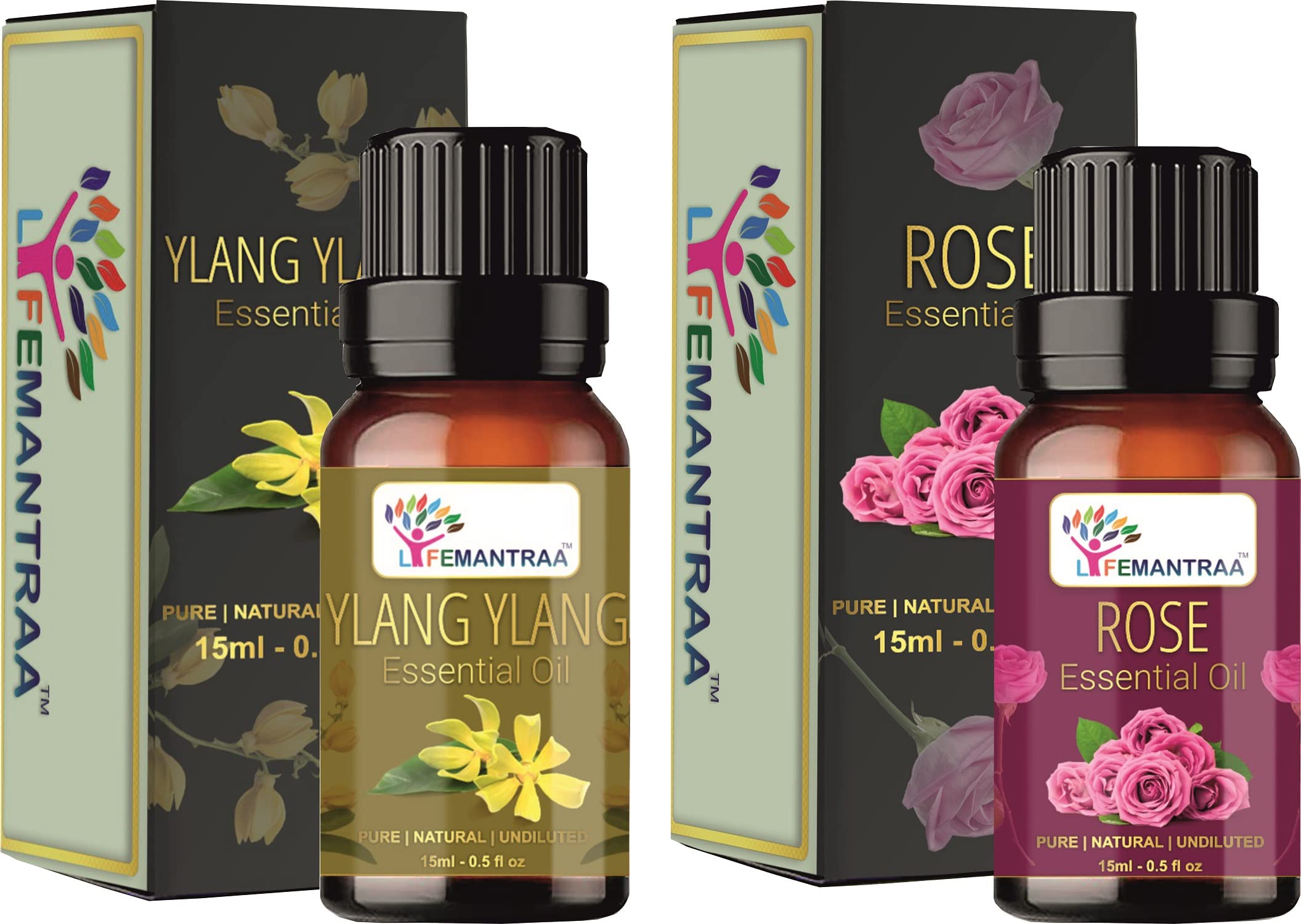 Pure Ylang Ylang & Rose Essential Oil Set - 15ml Each (30ml Total) for Aromatherapy, Home Diffusers, Soap Making, Candle Making | Natural Air Freshener for Bedroom, Spa & Relaxation