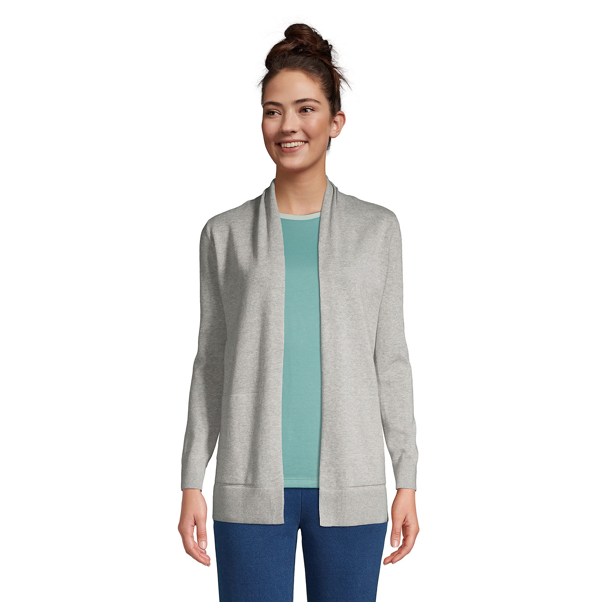 Lands' End Women's Cotton Open Front Long Cardigan Sweater - Lightweight Cover-Up for Spring & Fall, Perfect for Office, Travel and Casual Outfits