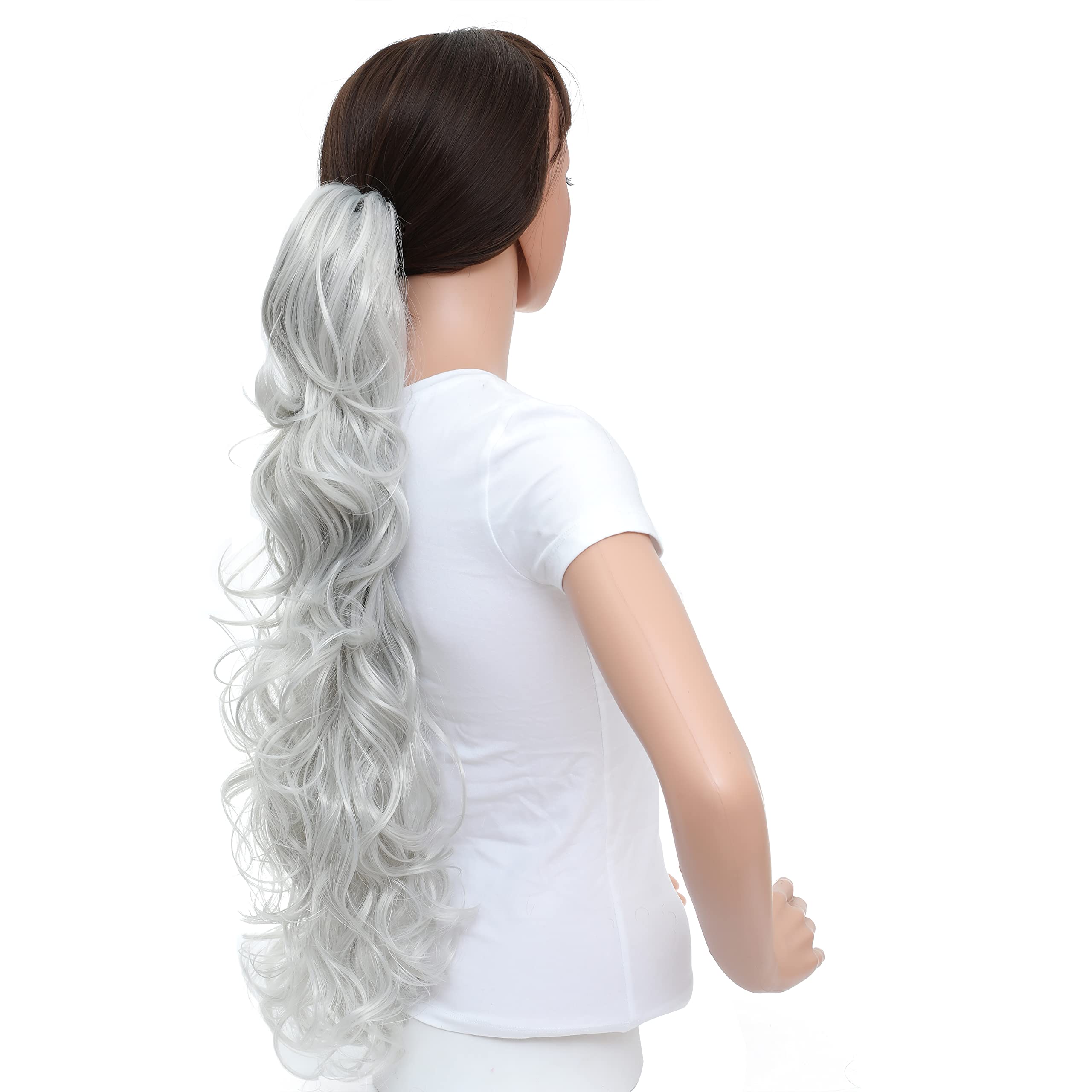 SWACC 24-Inch Long Messy Curly Clip-In Ponytail Hair Extensions - Synthetic Drawstring Jaw Clip Hairpiece in Silver Gray | Perfect for Everyday Wear, Parties & Special Occasions